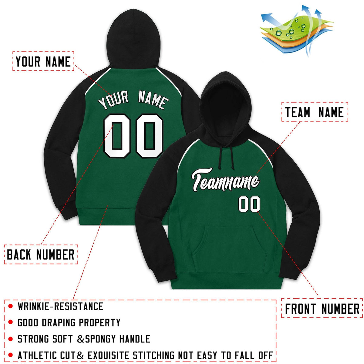 Custom Stitched Sportwear Green White-Black Raglan Sleeves Pullover Hoodie| KXKSHOP