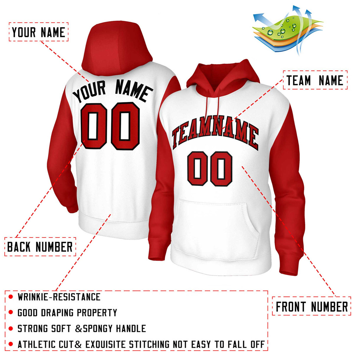Custom White Red-Black Raglan Sleeves Stitched Sportwear Pullover Hoodie| KXKSHOP
