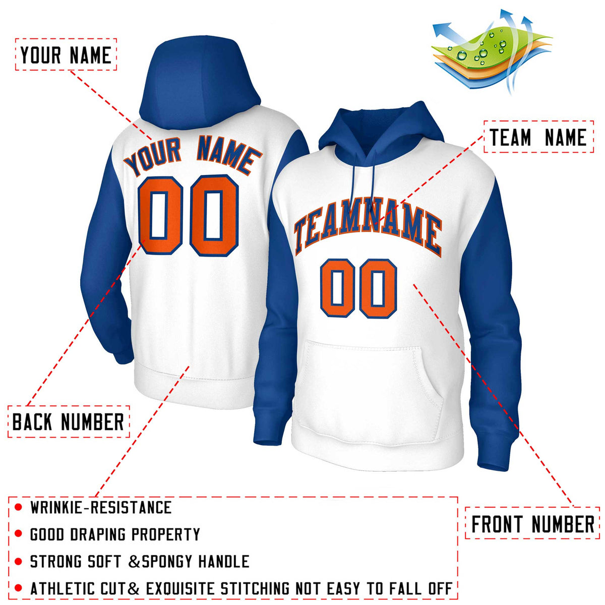 Custom White Royal-Orange Raglan Sleeves Stitched Sportwear Pullover Hoodie| KXKSHOP