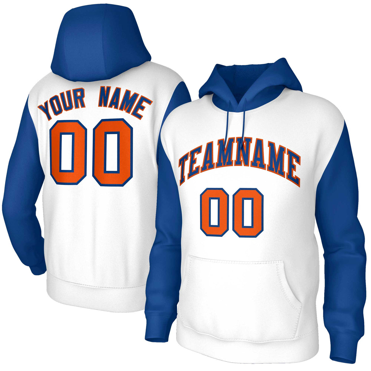 Custom White Royal-Orange Raglan Sleeves Stitched Sportwear Pullover Hoodie| KXKSHOP
