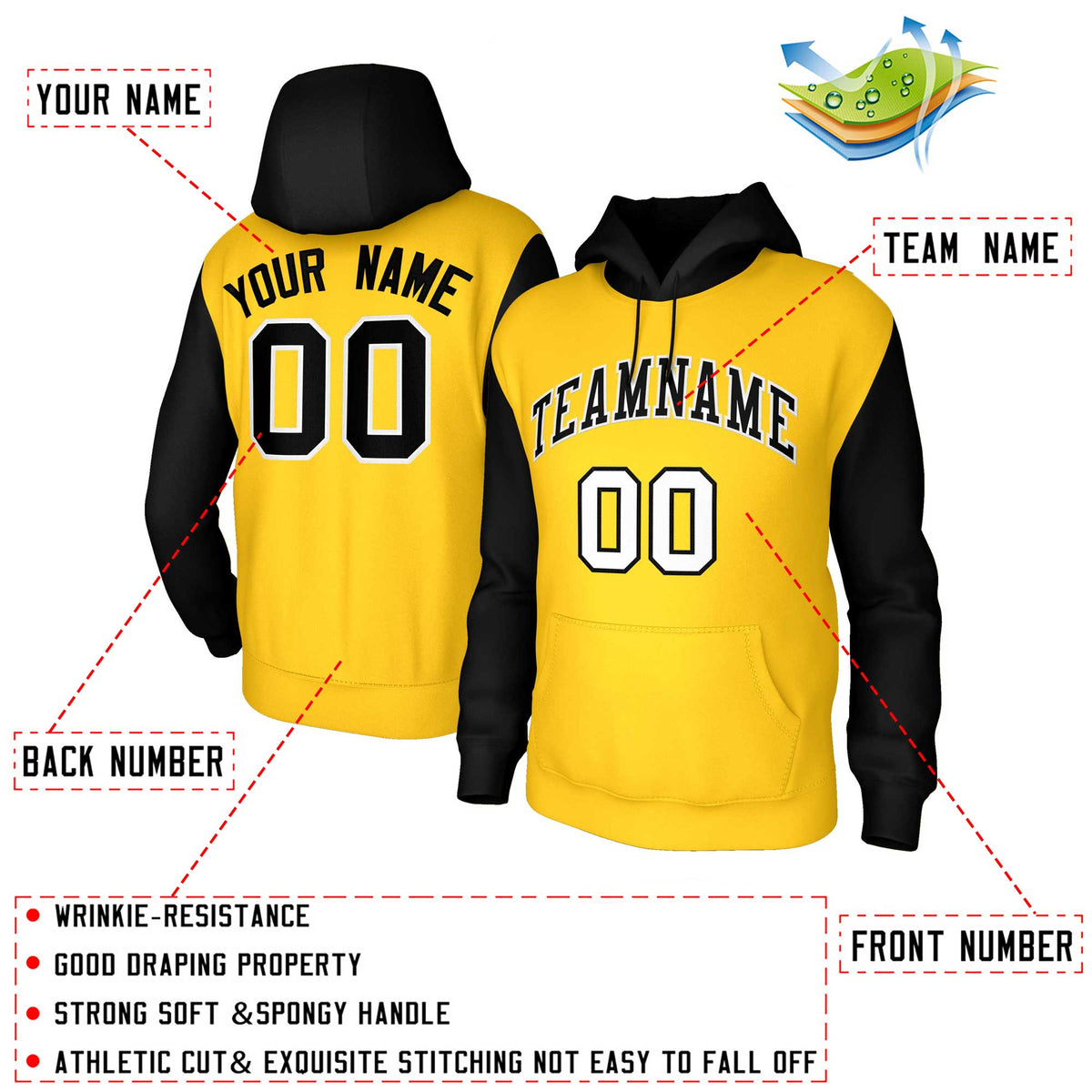 Custom Gold Black-White Raglan Sleeves Stitched Sportwear Pullover Hoodie| KXKSHOP