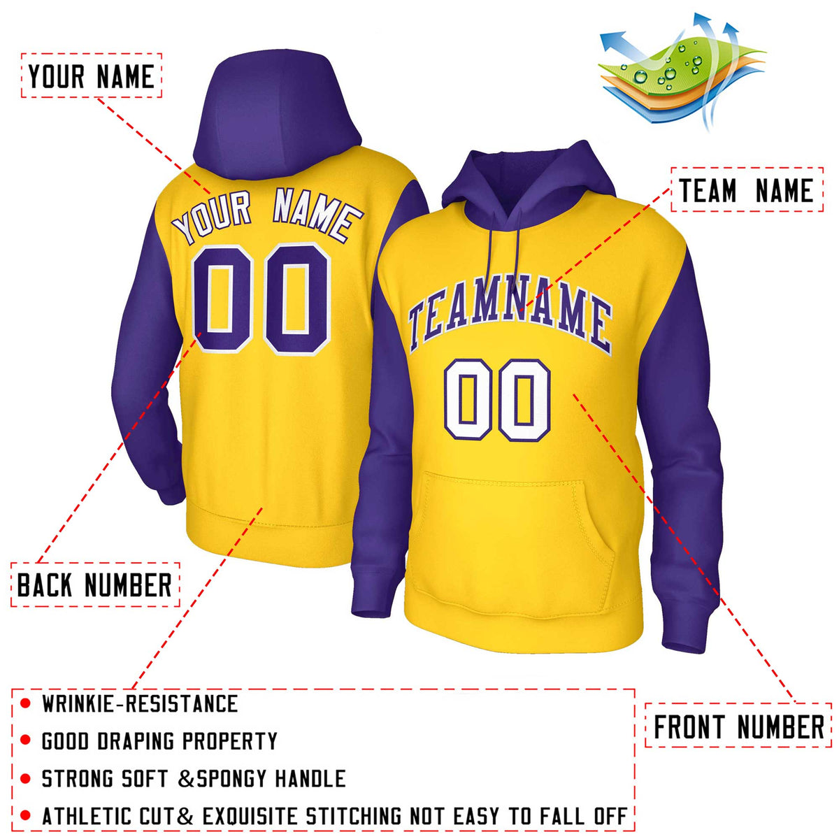 Custom Gold Purple-White Raglan Sleeves Stitched Sportwear Pullover Hoodie| KXKSHOP