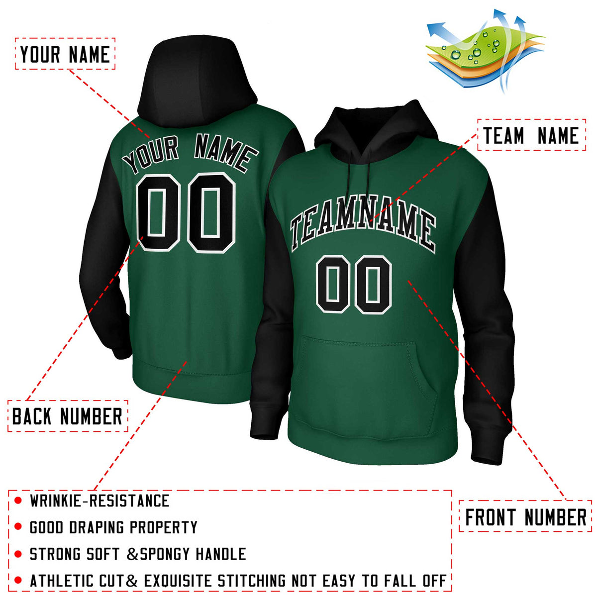 Custom Green Black-White Raglan Sleeves Stitched Sportwear Pullover Hoodie| KXKSHOP