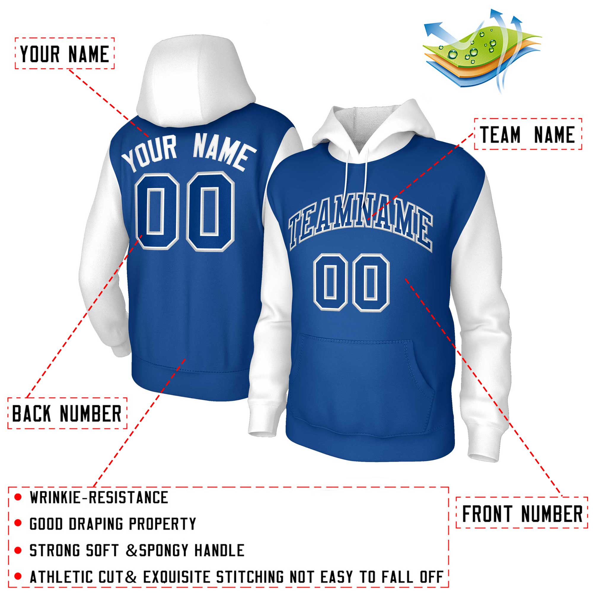 Custom Royal Royal-White Raglan Sleeves Stitched Sportwear Pullover Hoodie| KXKSHOP
