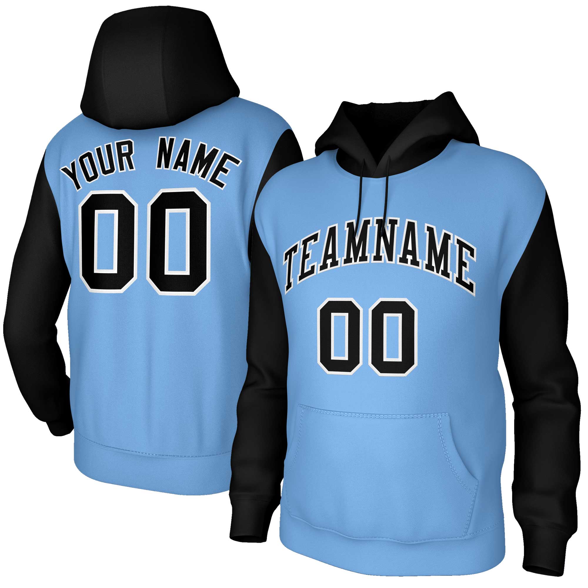 Custom Light Blue Black-White Raglan Sleeves Stitched Sportwear Pullover Hoodie| KXKSHOP