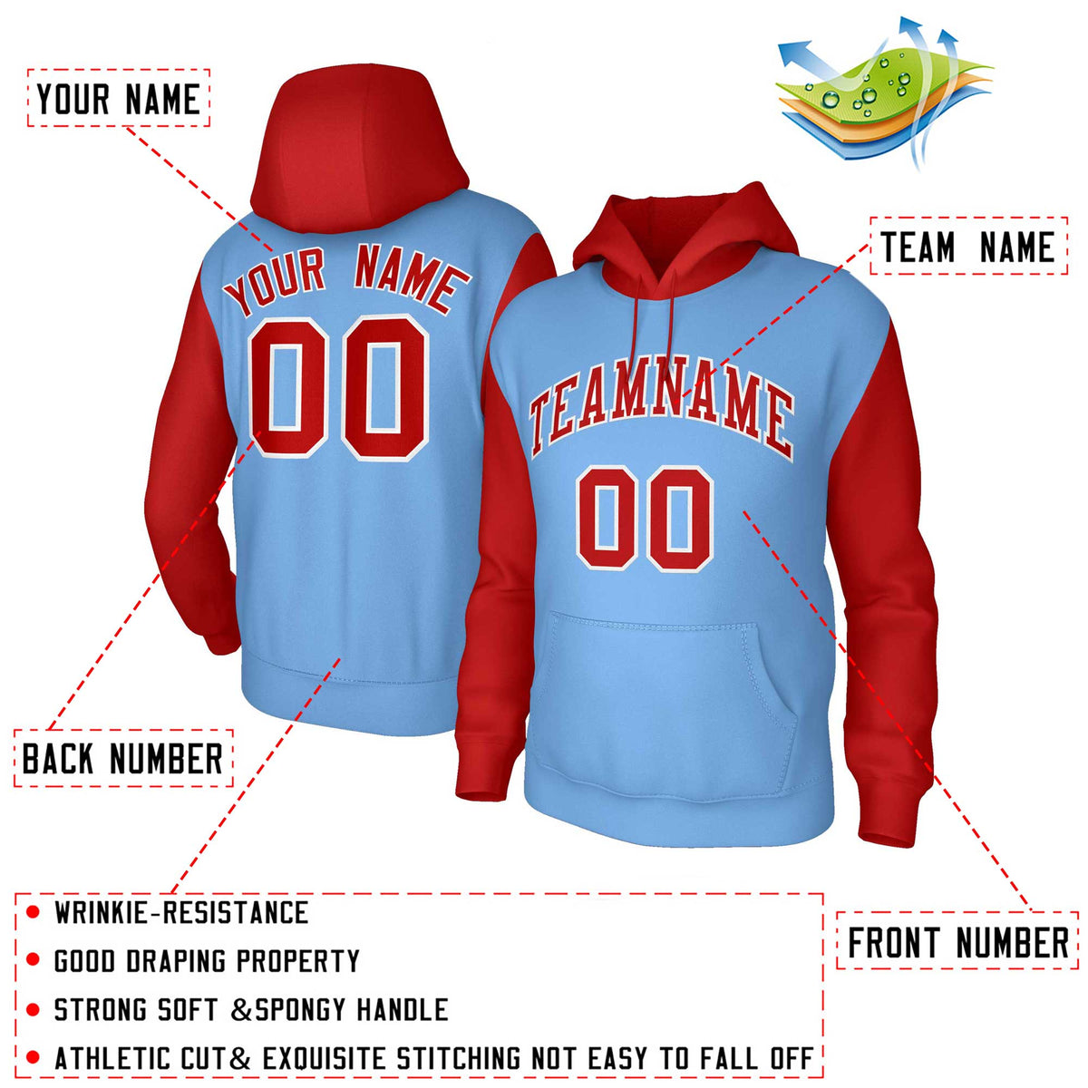 Custom Light Blue Red-White Raglan Sleeves Stitched Sportwear Pullover Hoodie| KXKSHOP