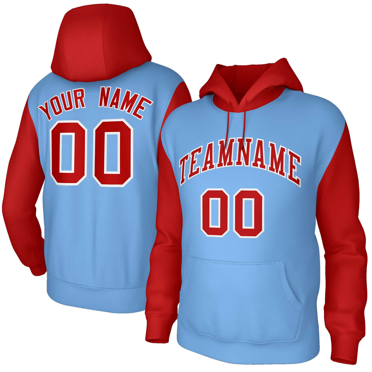 Custom Light Blue Red-White Raglan Sleeves Stitched Sportwear Pullover Hoodie| KXKSHOP