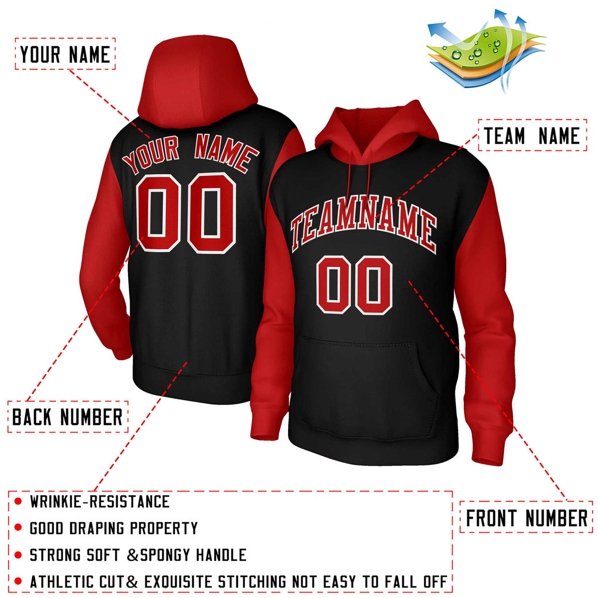 Custom Black Red-White Raglan Sleeves Stitched Sportwear Pullover Hoodie| KXKSHOP