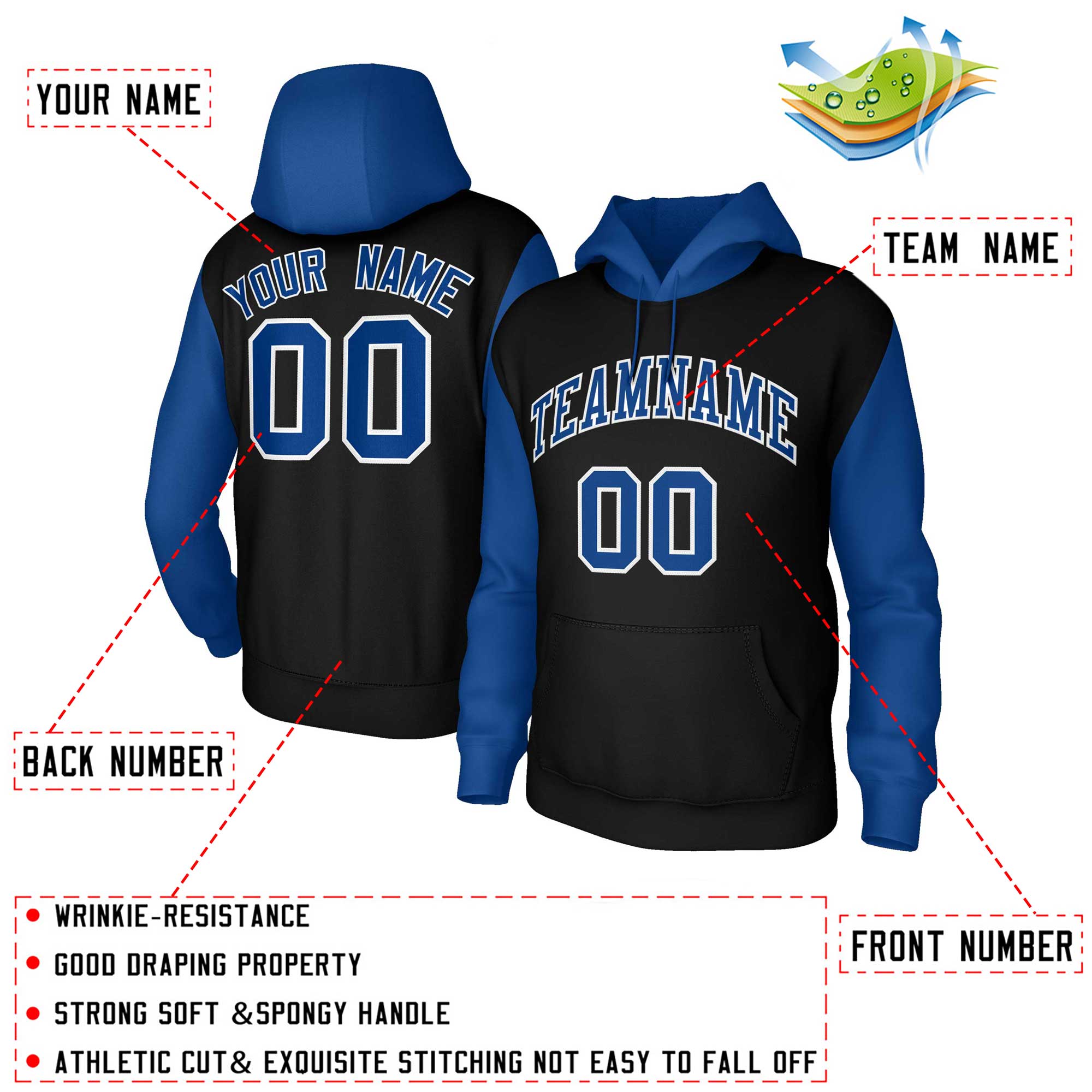 Custom Black Royal-White Raglan Sleeves Stitched Sportwear Pullover Hoodie| KXKSHOP