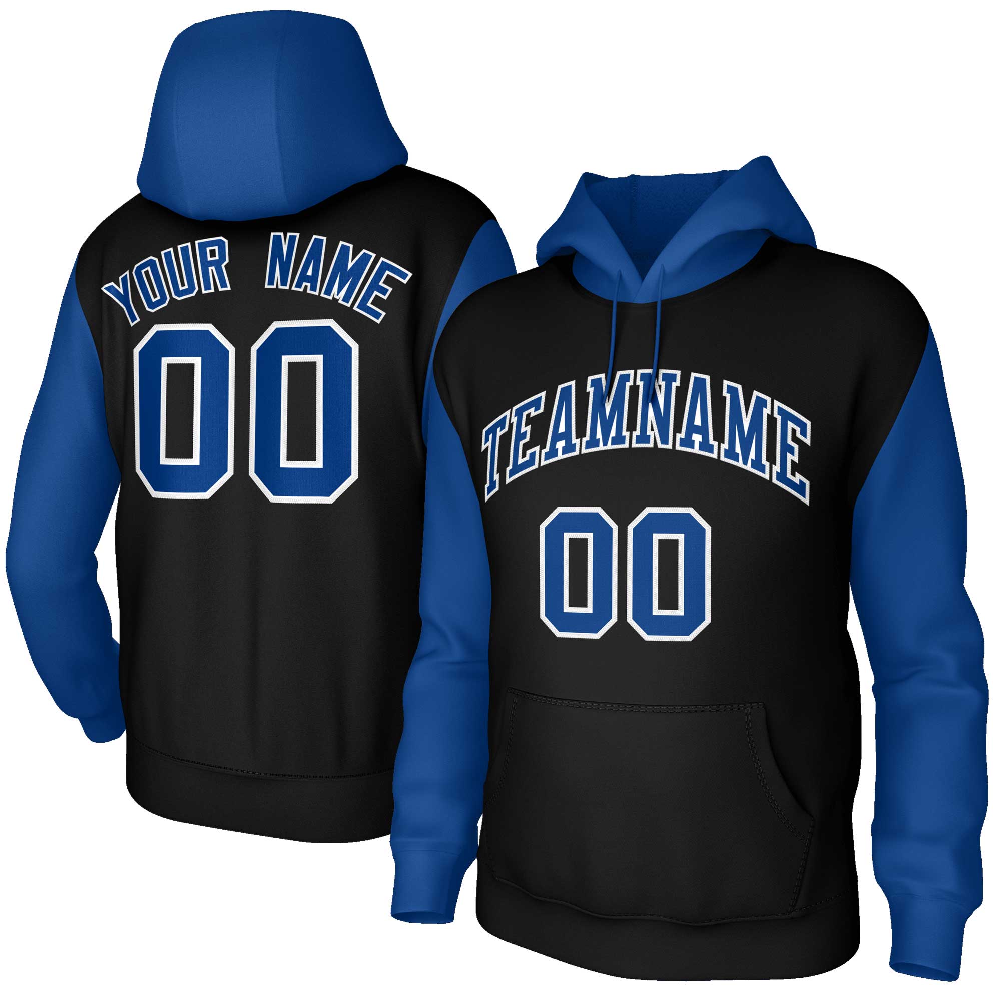Custom Black Royal-White Raglan Sleeves Stitched Sportwear Pullover Hoodie| KXKSHOP