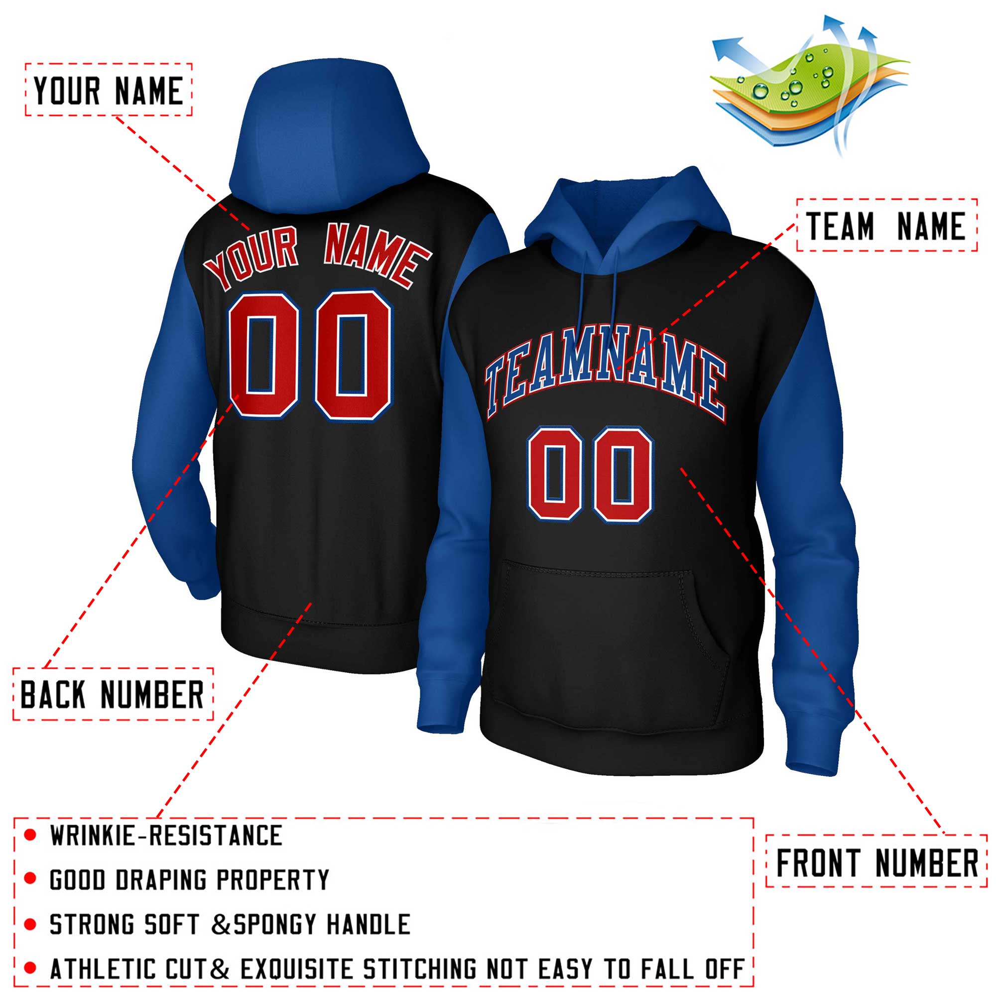 Custom Black Royal-White Raglan Sleeves Stitched Sportwear Pullover Hoodie| KXKSHOP