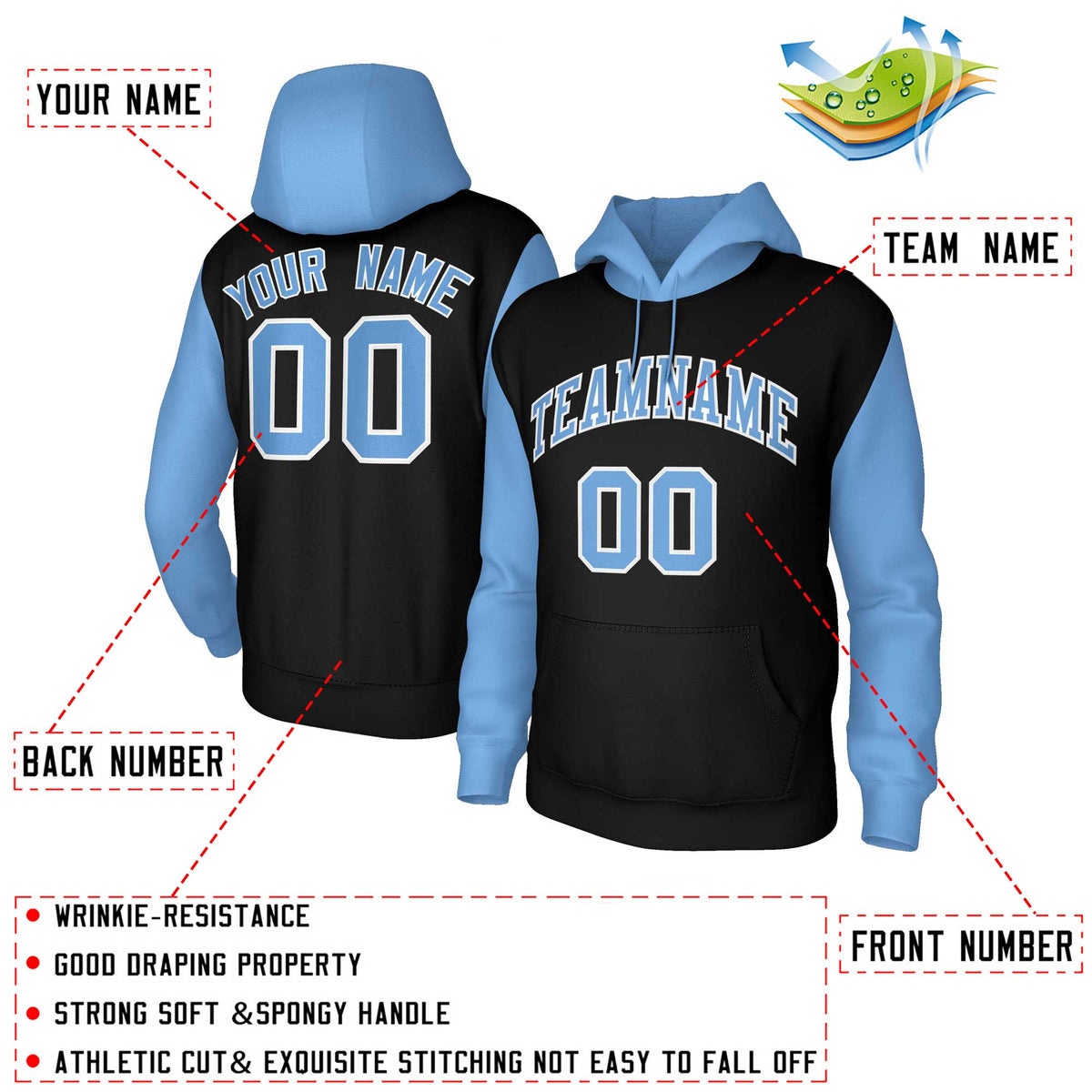 Custom Black Light Blue-White Raglan Sleeves Stitched Sportwear Pullover Hoodie| KXKSHOP