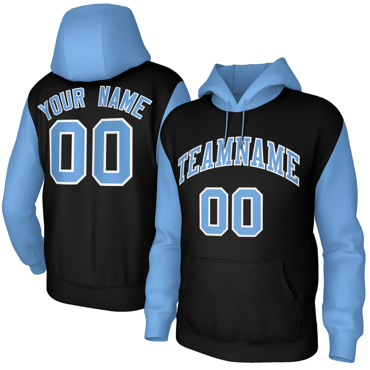 Custom Black Light Blue-White Raglan Sleeves Stitched Sportwear Pullover Hoodie| KXKSHOP