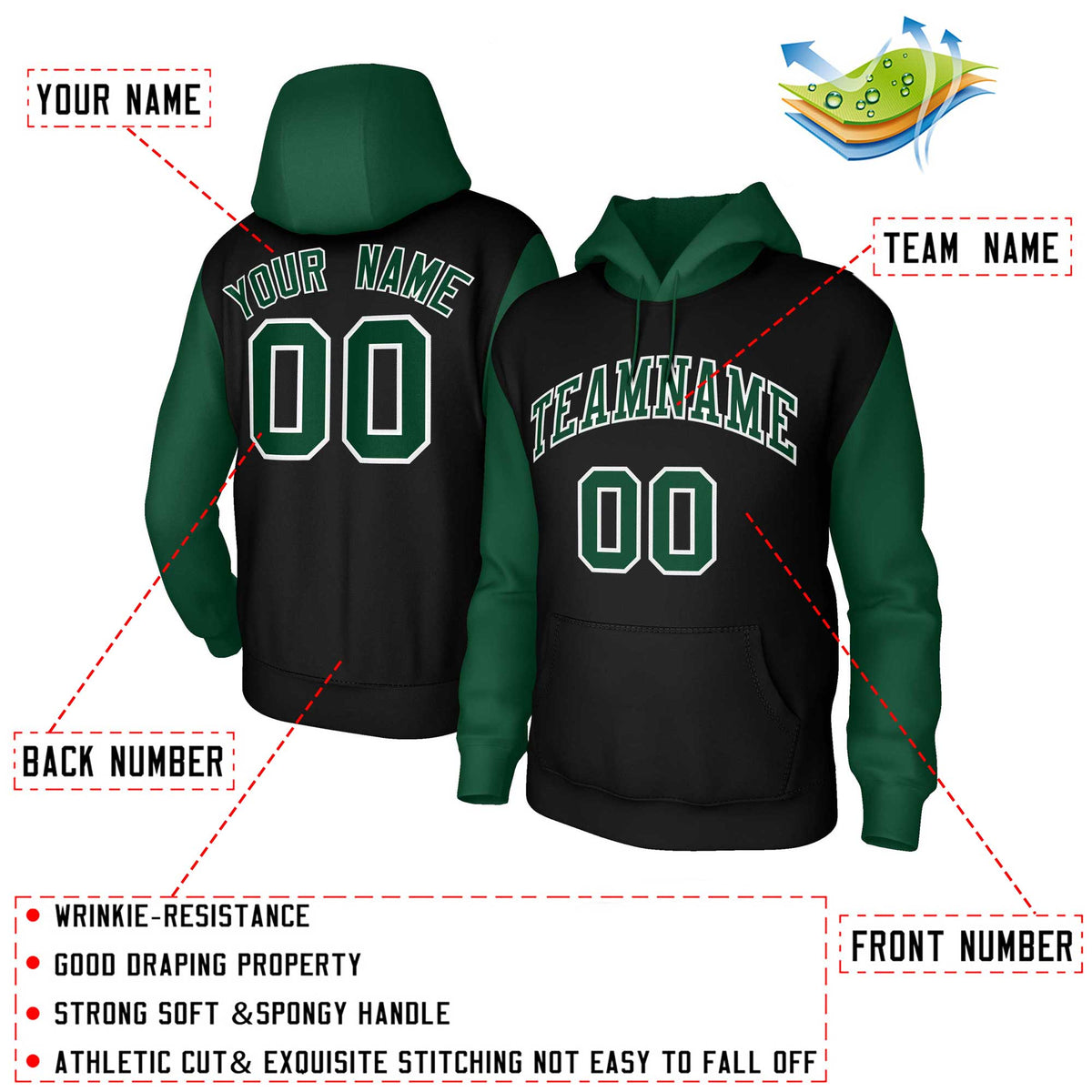 Custom Black Green-White Raglan Sleeves Stitched Sportwear Pullover Hoodie| KXKSHOP
