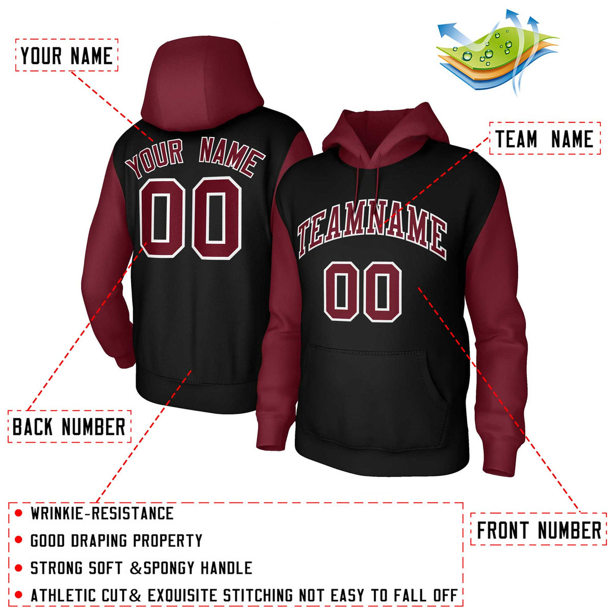 Custom Black Crimson-White Raglan Sleeves Stitched Sportwear Pullover Hoodie| KXKSHOP