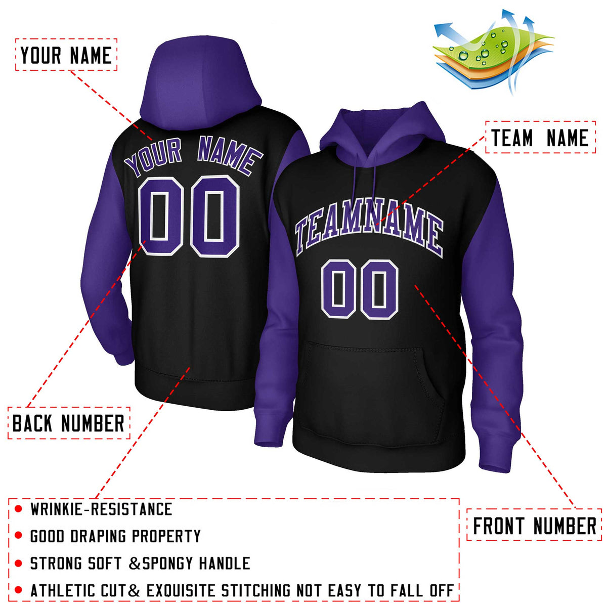 Custom Black Purple-White Raglan Sleeves Stitched Sportwear Pullover Hoodie| KXKSHOP