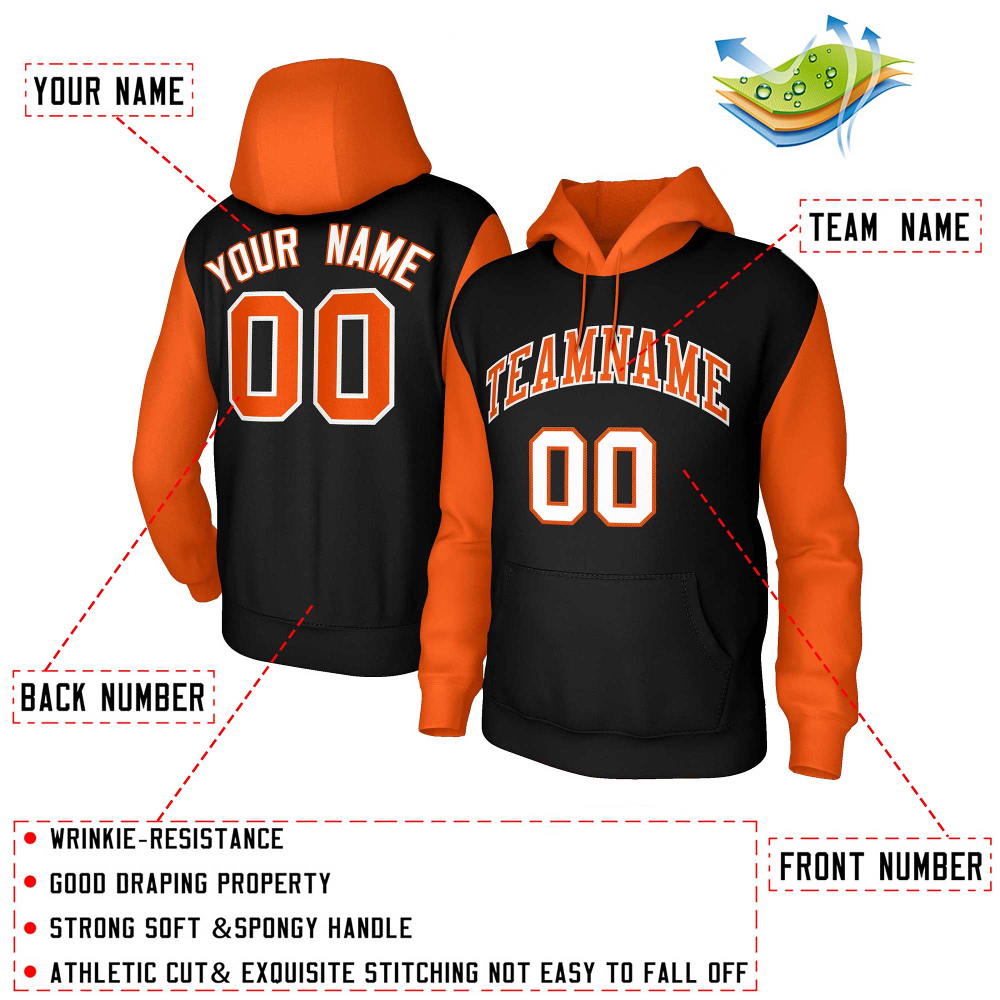 Custom Black Orange-White Raglan Sleeves Stitched Sportwear Pullover Hoodie| KXKSHOP