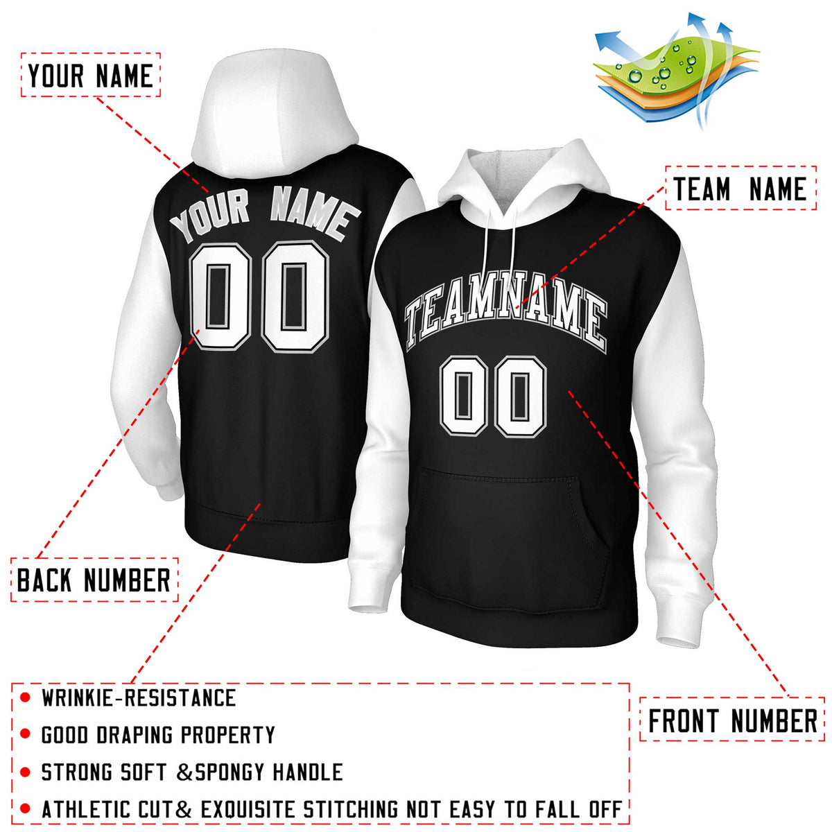Custom Black White-Black Raglan Sleeves Stitched Sportwear Pullover Hoodie| KXKSHOP