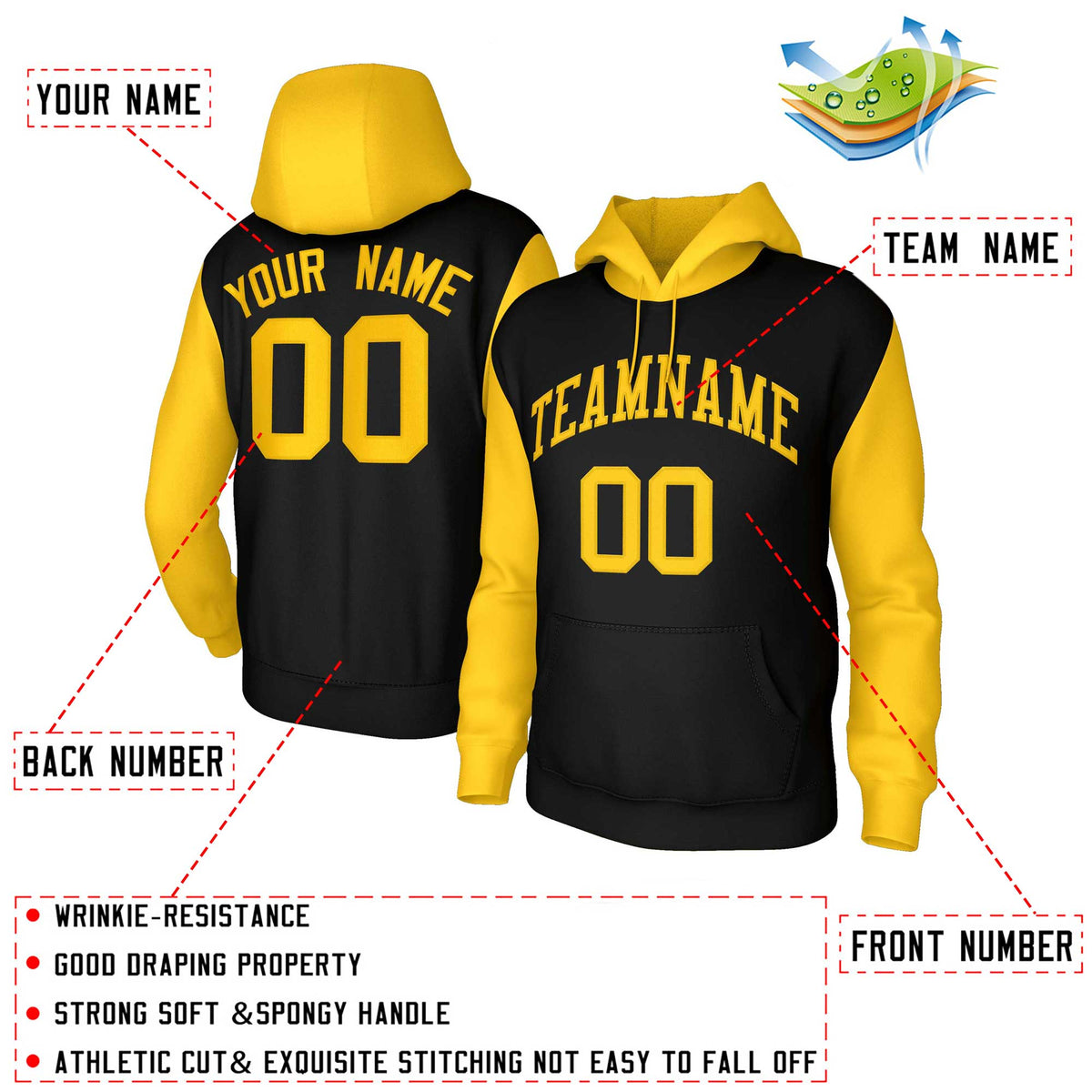 Custom Black Gold-Raglan Sleeves Stitched Sportwear Pullover Hoodie| KXKSHOP