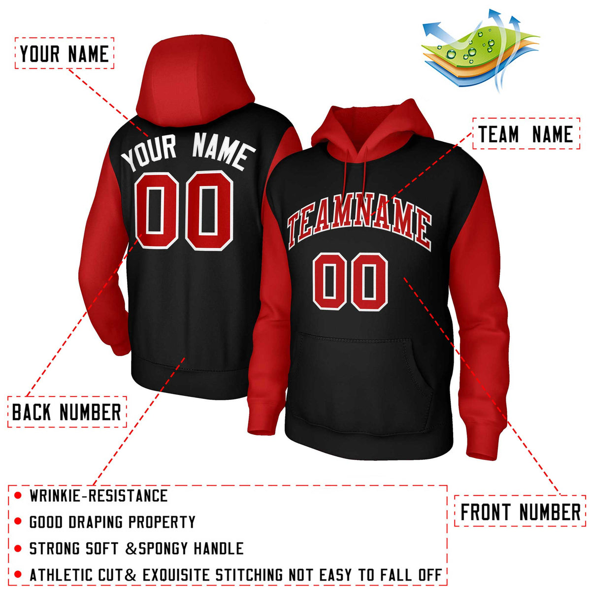 Custom Black Red-White Raglan Sleeves Stitched Sportwear Pullover Hoodie| KXKSHOP