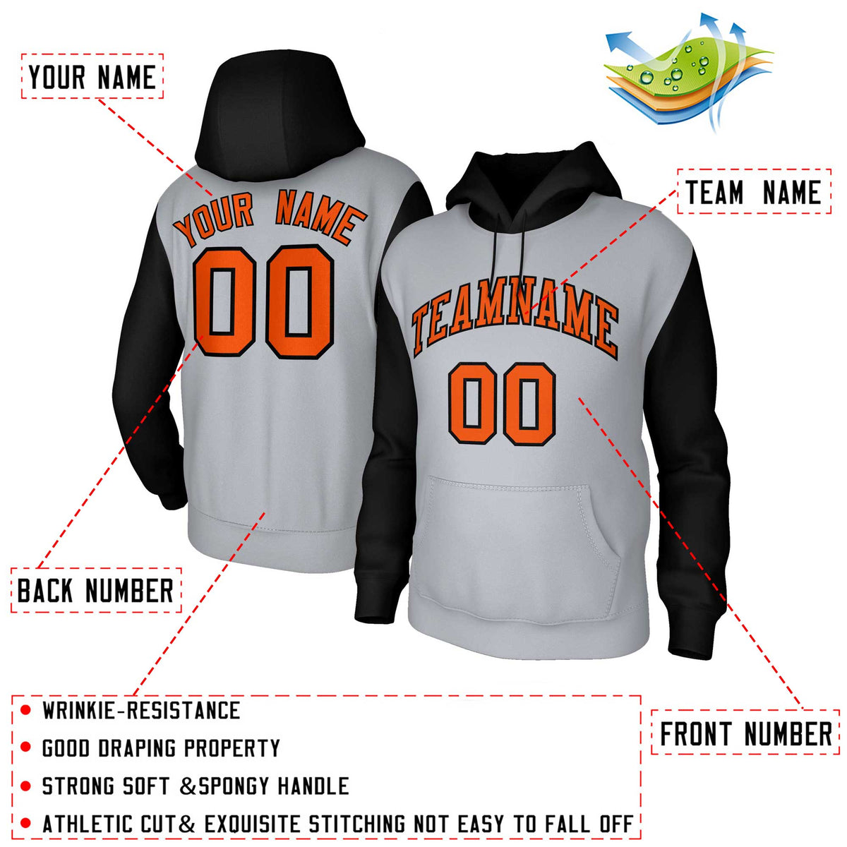 Custom Gray Orange-Black Raglan Sleeves Stitched Sportwear Pullover Hoodie| KXKSHOP