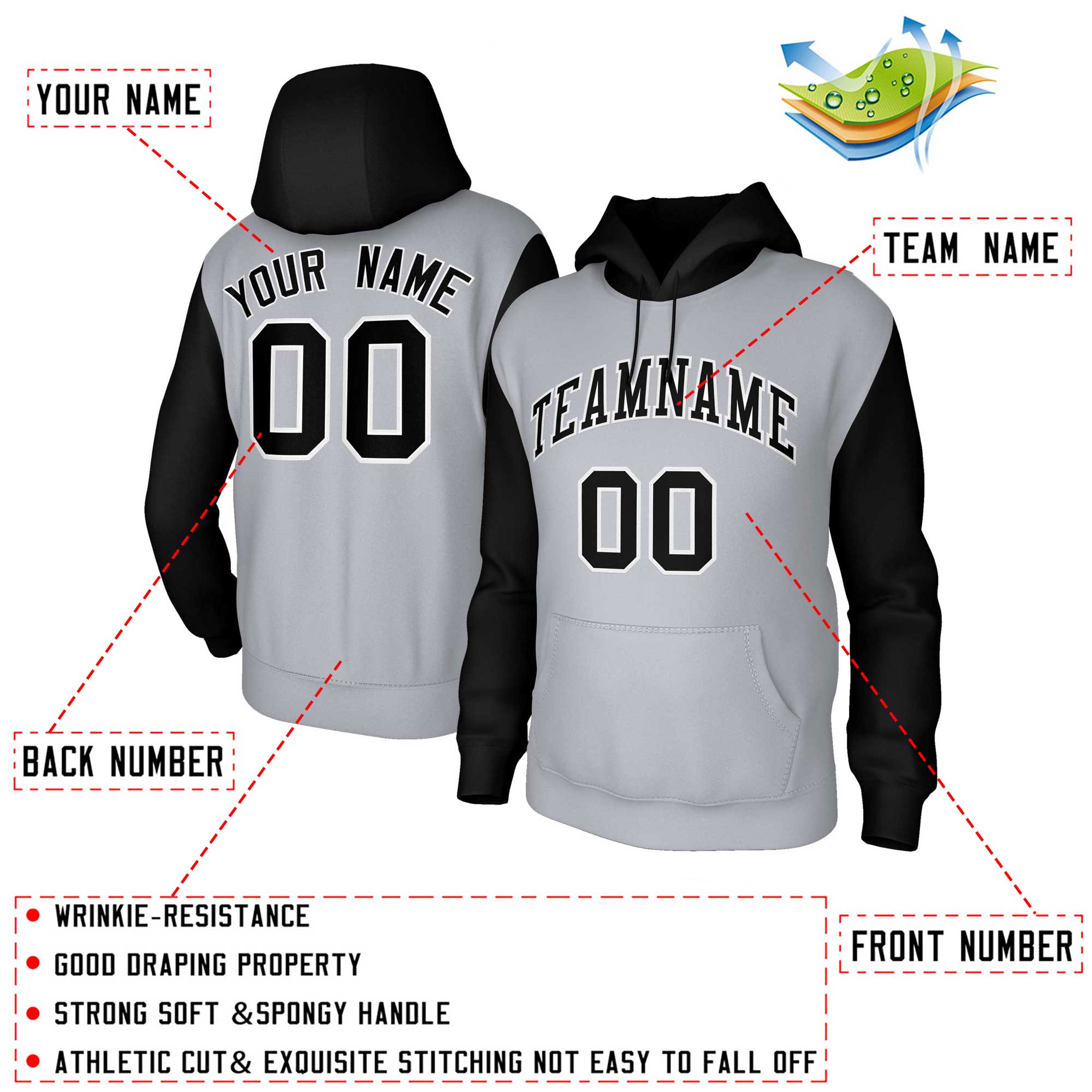 Custom Gray Black-White Raglan Sleeves Stitched Sportwear Pullover Hoodie| KXKSHOP