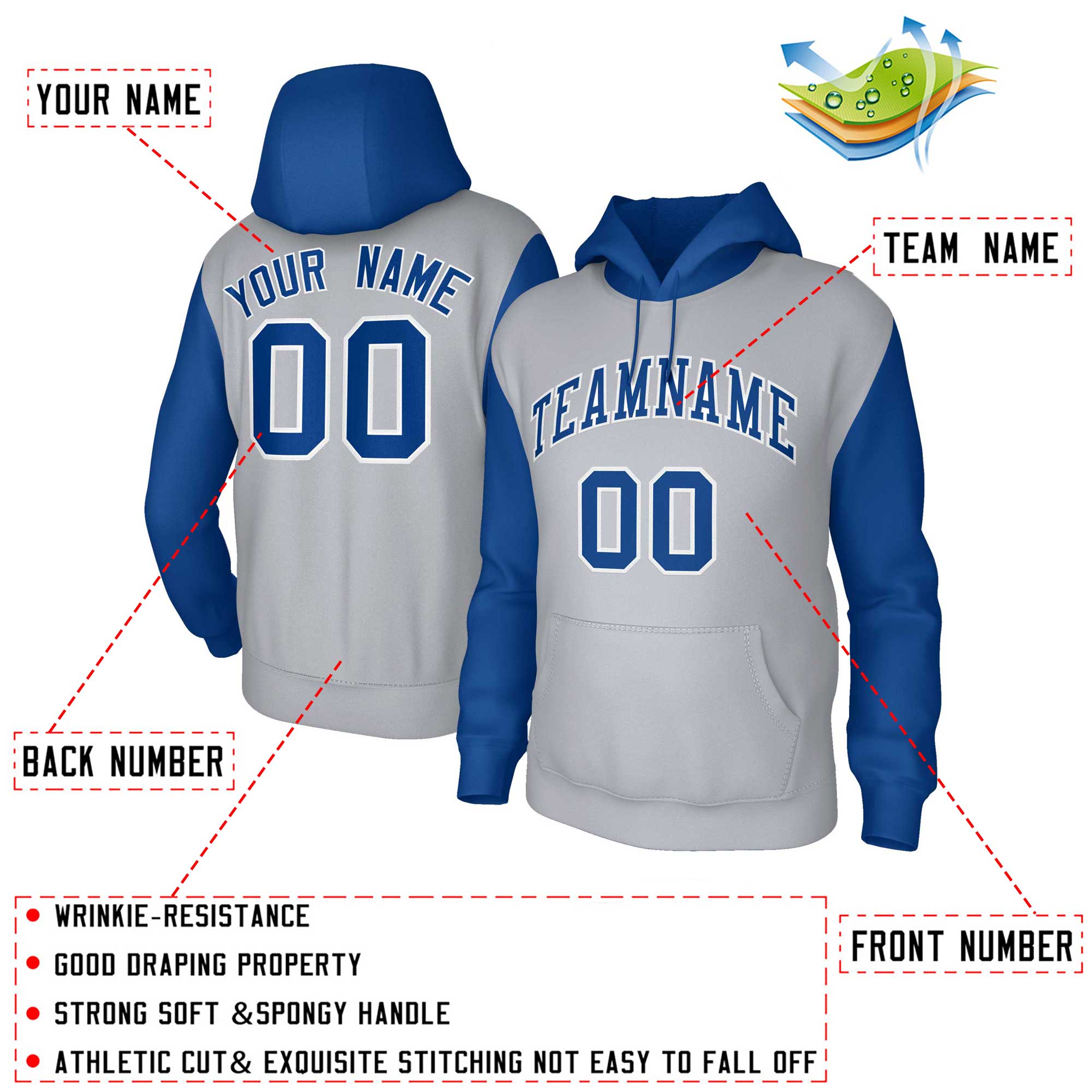 Custom Gray Royal-White Raglan Sleeves Stitched Sportwear Pullover Hoodie| KXKSHOP