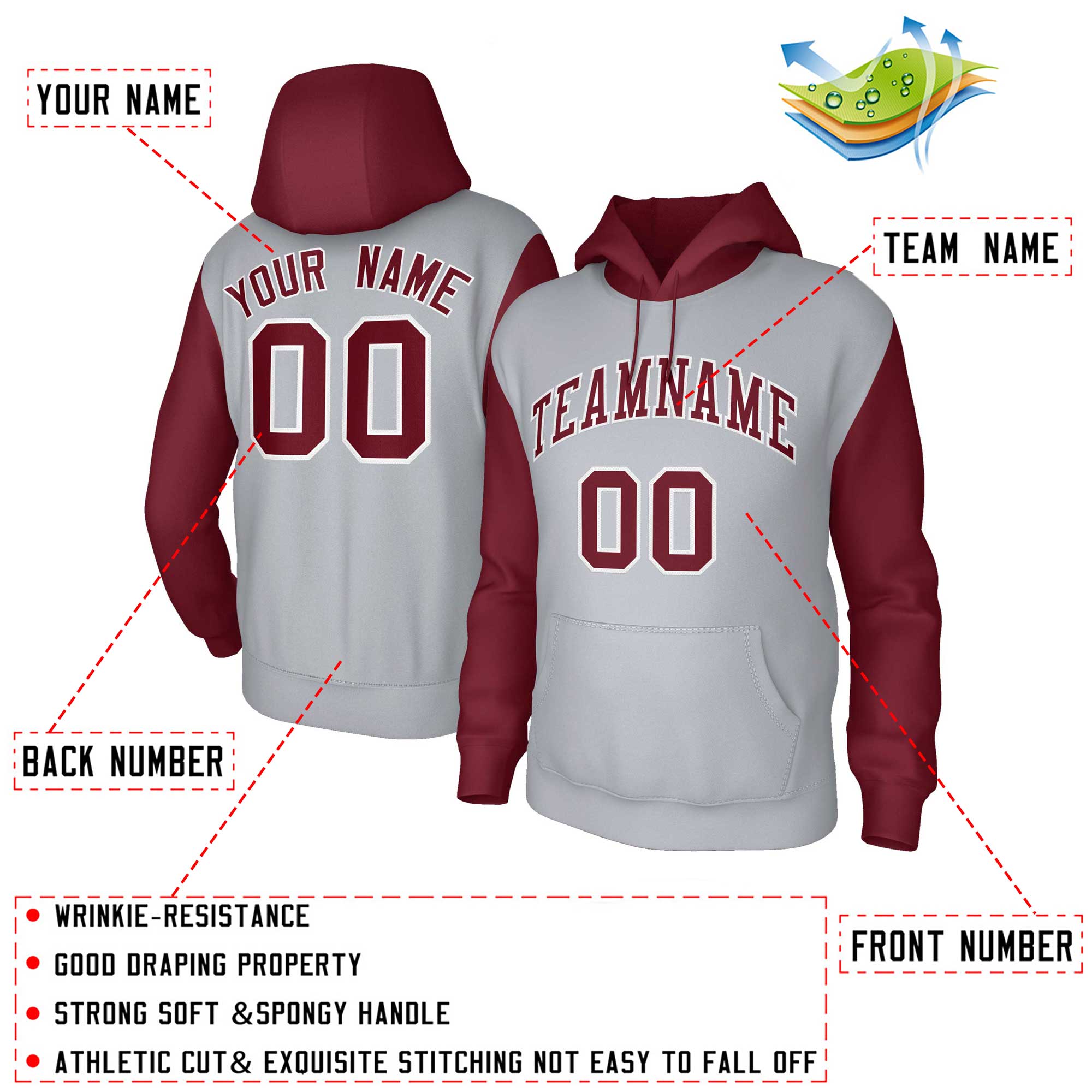 Custom Gray Crimson-White Raglan Sleeves Stitched Sportwear Pullover Hoodie| KXKSHOP
