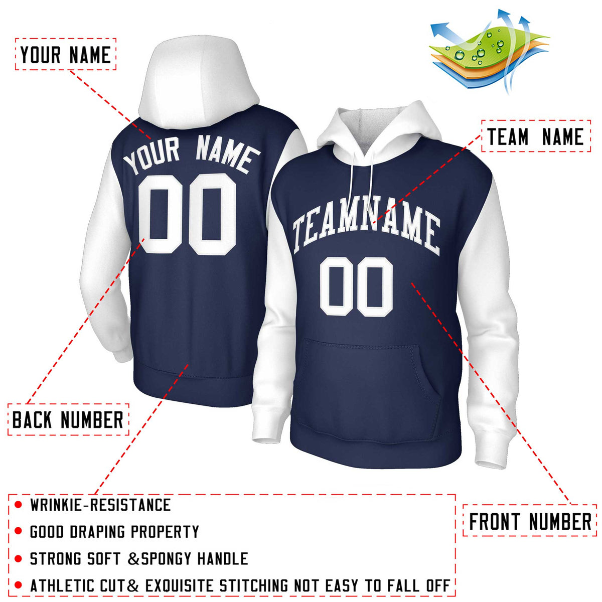 Custom Navy White-Raglan Sleeves Stitched Sportwear Pullover Hoodie| KXKSHOP