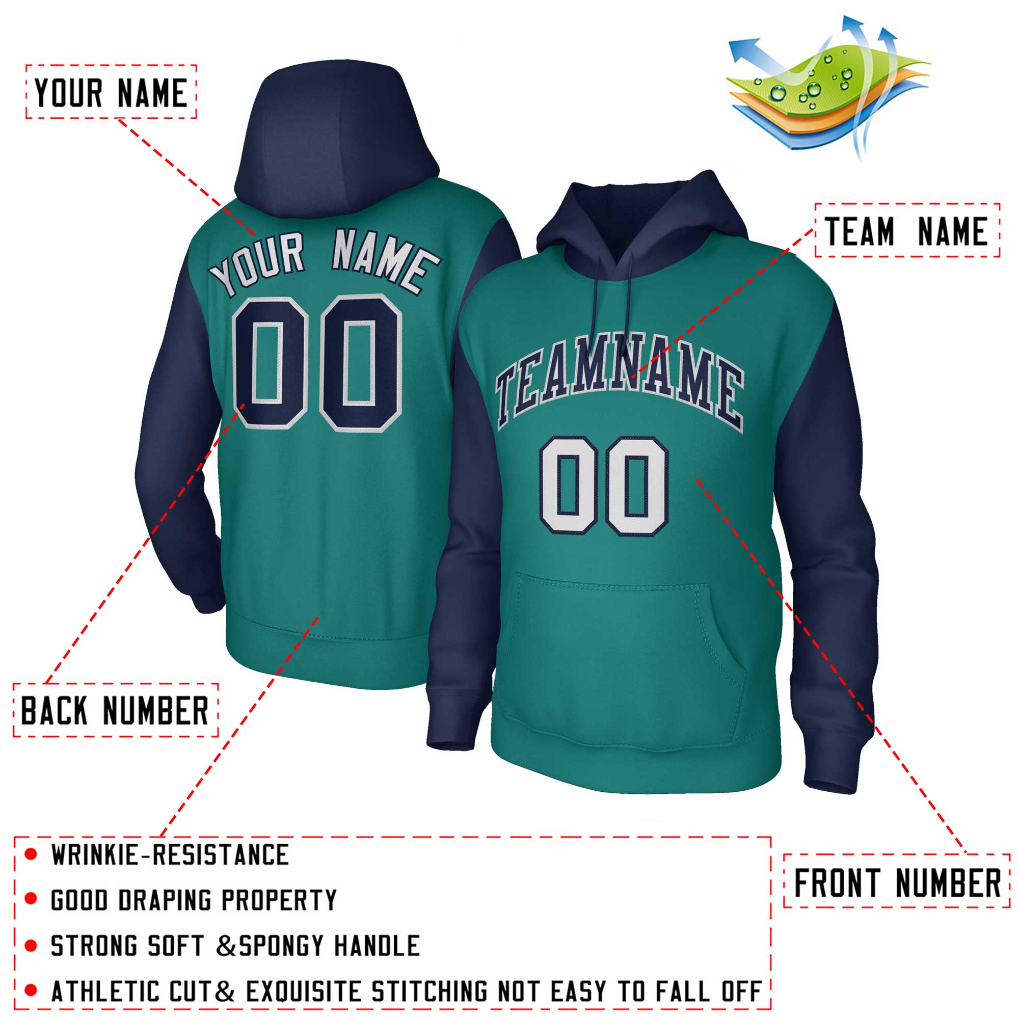 Custom Aqua Navy-Gray Raglan Sleeves Stitched Sportwear Pullover Hoodie| KXKSHOP