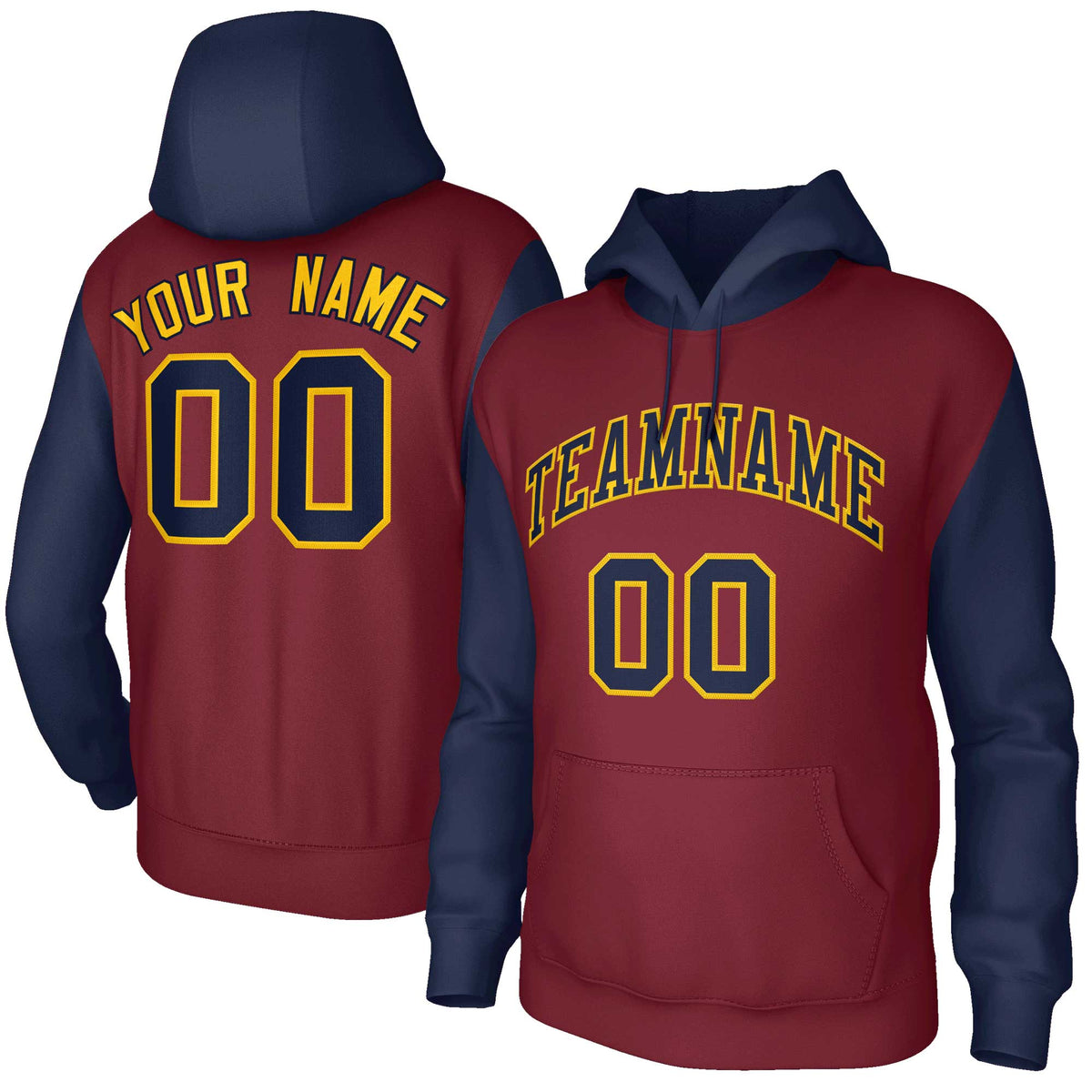 Custom Crimson Navy-Gold Raglan Sleeves Stitched Sportwear Pullover Hoodie| KXKSHOP