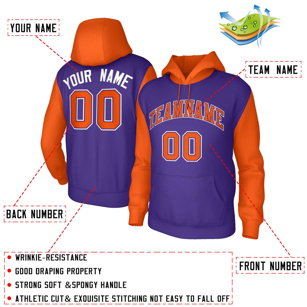 Custom Purple Orange-Purple Raglan Sleeves Stitched Sportwear Pullover Hoodie| KXKSHOP