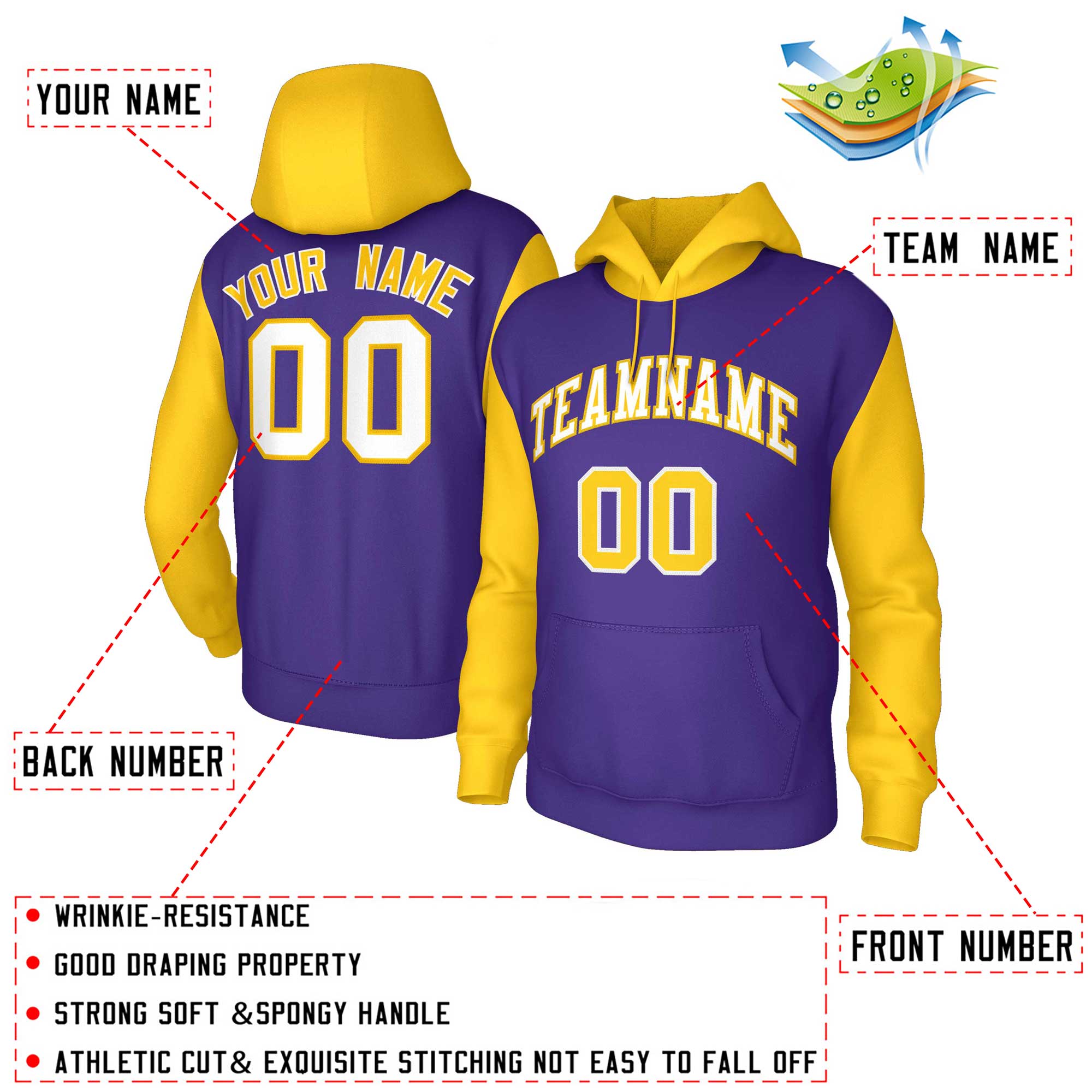 Custom Purple White-Gold Raglan Sleeves Stitched Sportwear Pullover Hoodie| KXKSHOP