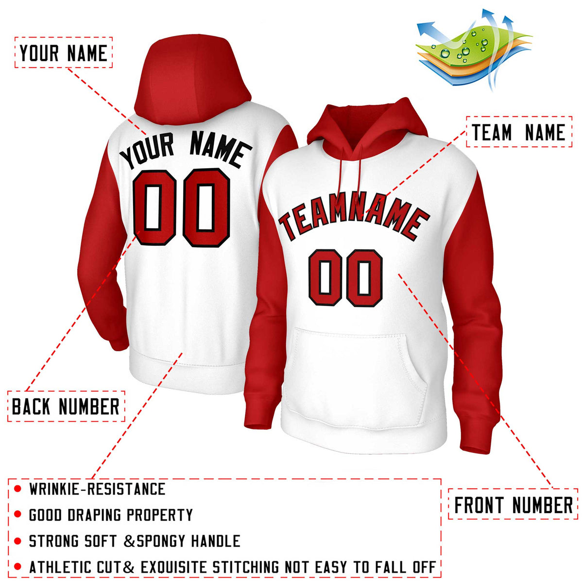 Custom White Red-Black Raglan Sleeves Stitched Sportwear Pullover Hoodie| KXKSHOP