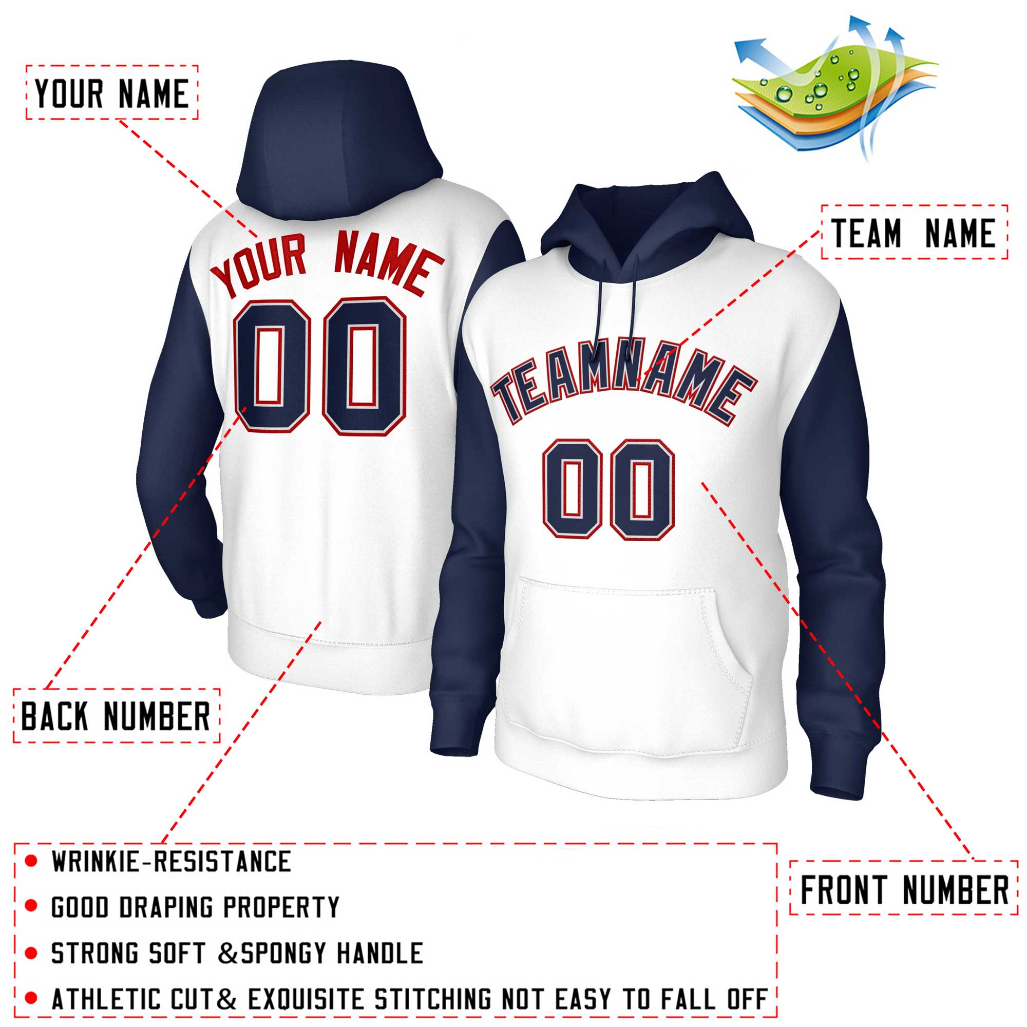 Custom White Navy-Gray Raglan Sleeves Stitched Sportwear Pullover Hoodie| KXKSHOP