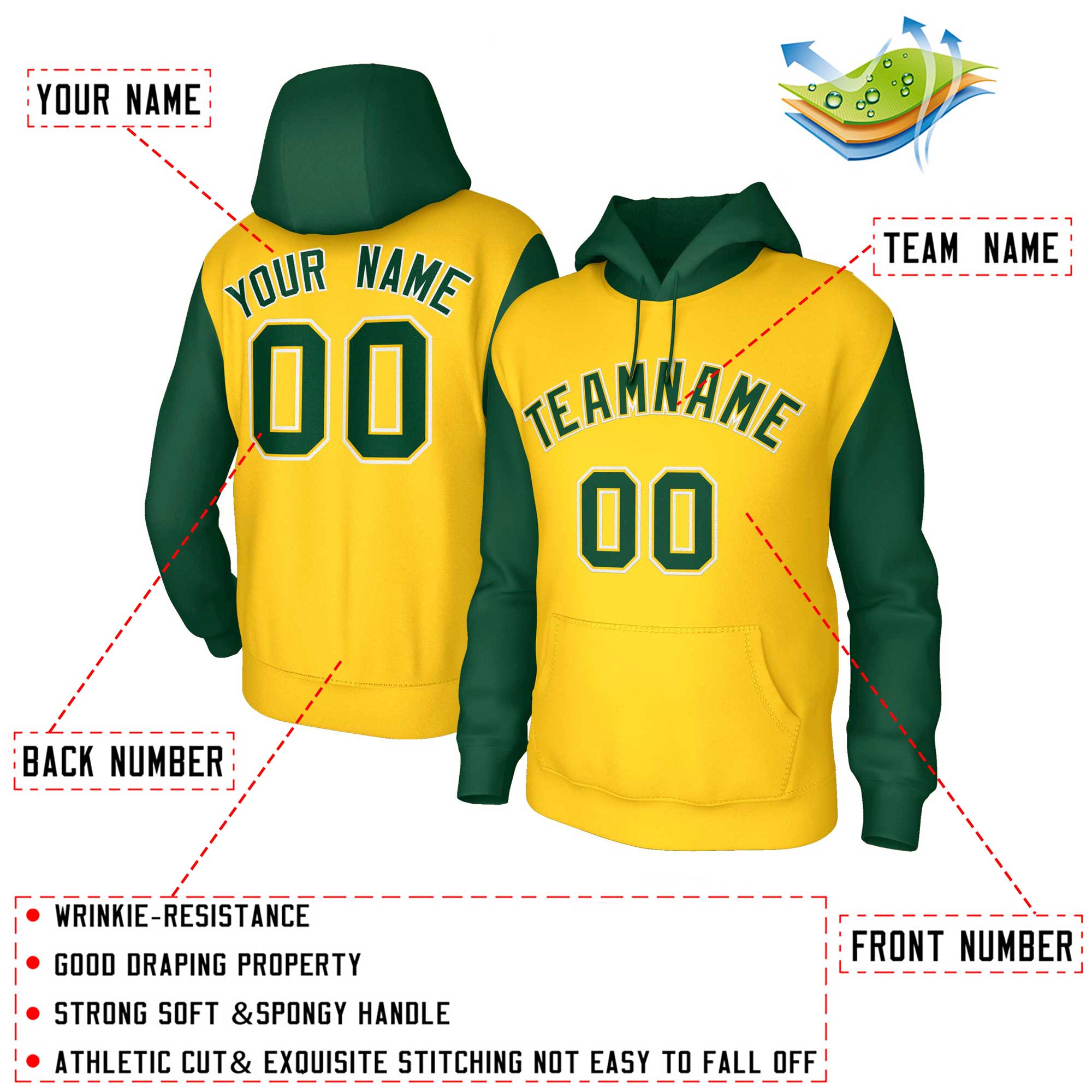 Custom Gold Green-Gold Raglan Sleeves Stitched Sportwear Pullover Hoodie| KXKSHOP