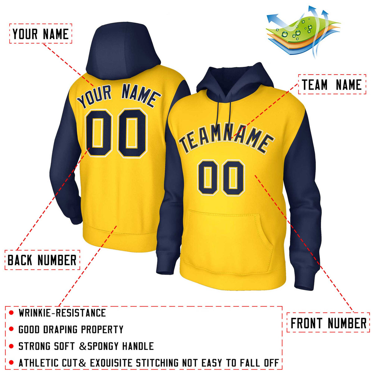 Custom Gold Navy-Gold Raglan Sleeves Stitched Sportwear Pullover Hoodie| KXKSHOP