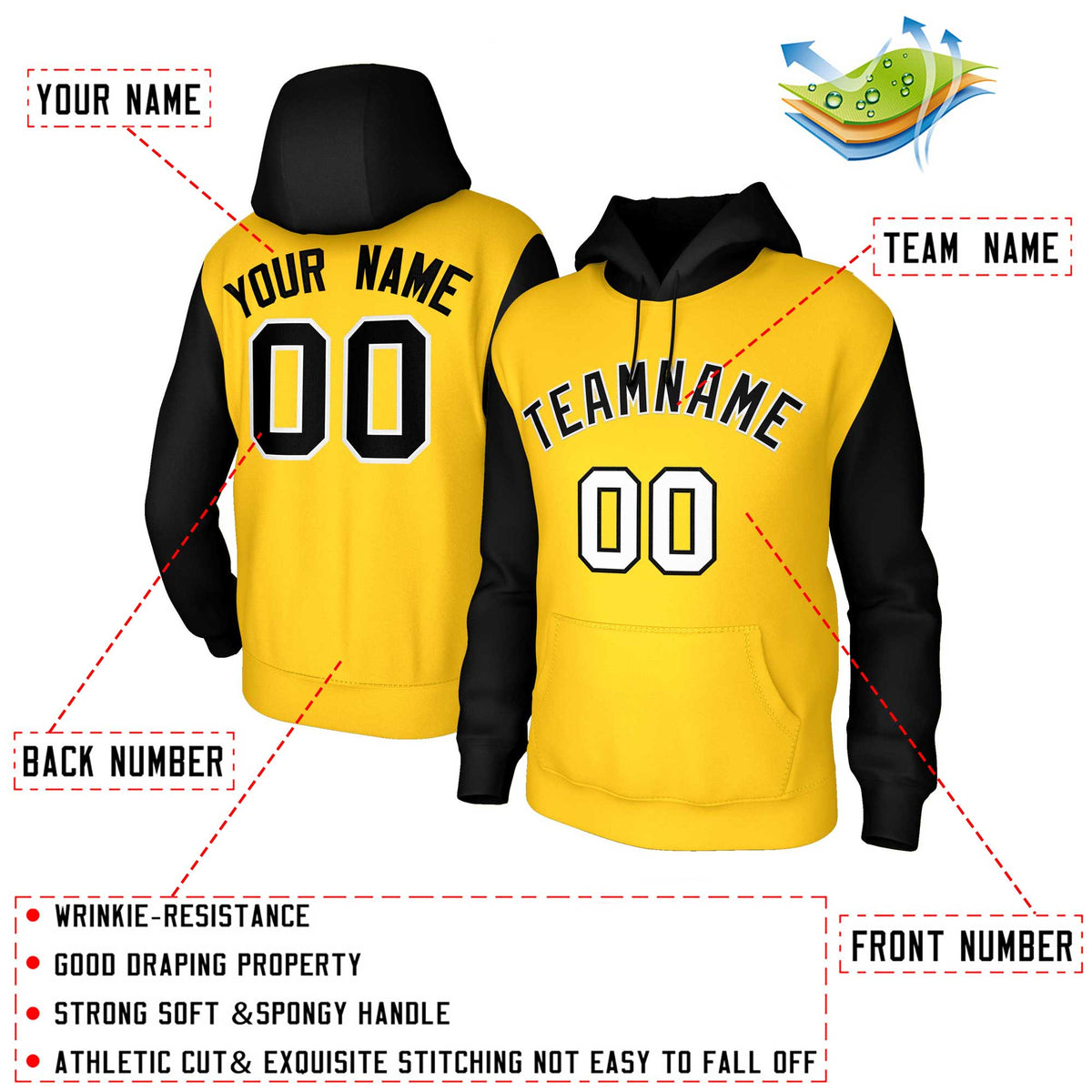 Custom Gold Black-White Raglan Sleeves Stitched Sportwear Pullover Hoodie| KXKSHOP