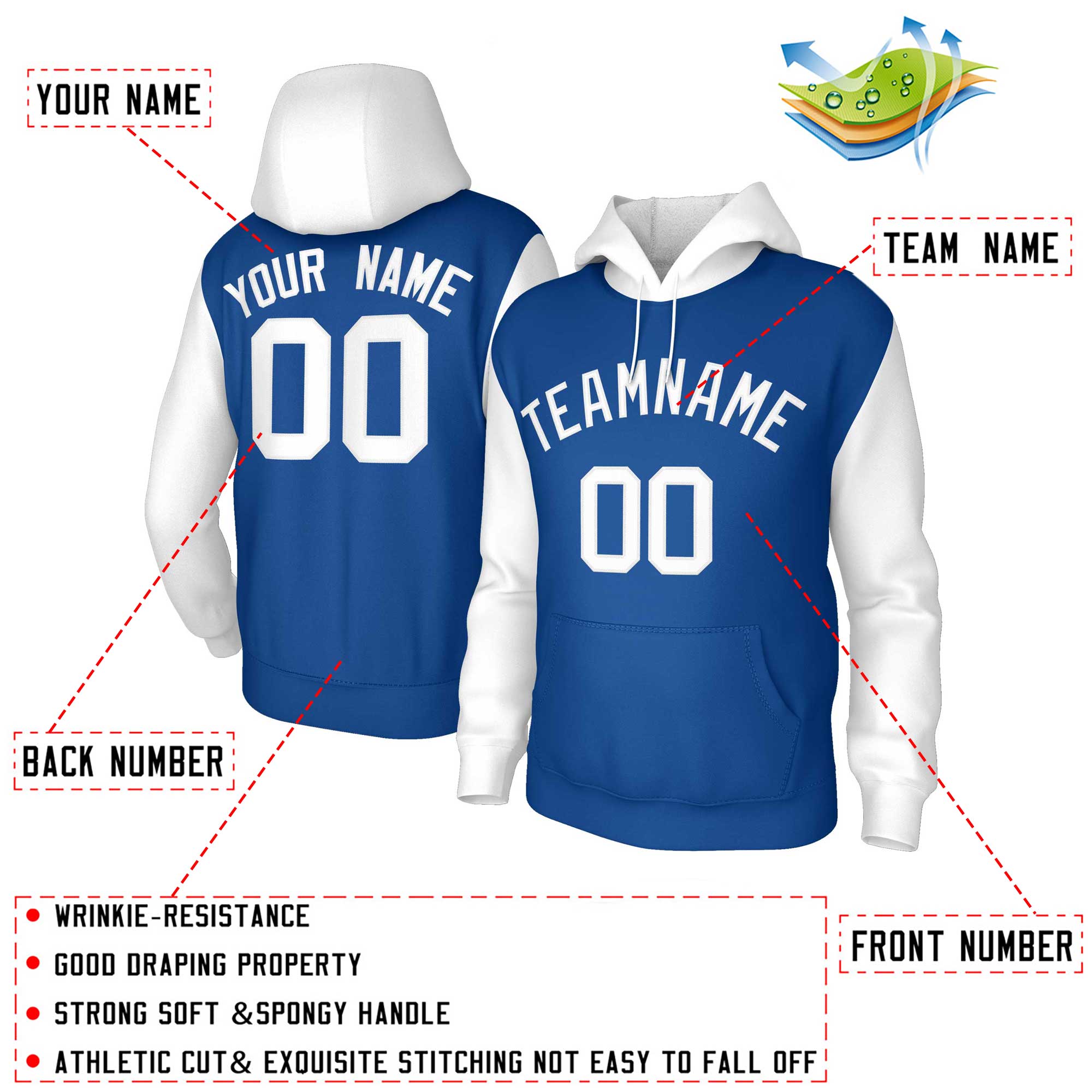 Custom Royal White-Raglan Sleeves Stitched Sportwear Pullover Hoodie| KXKSHOP