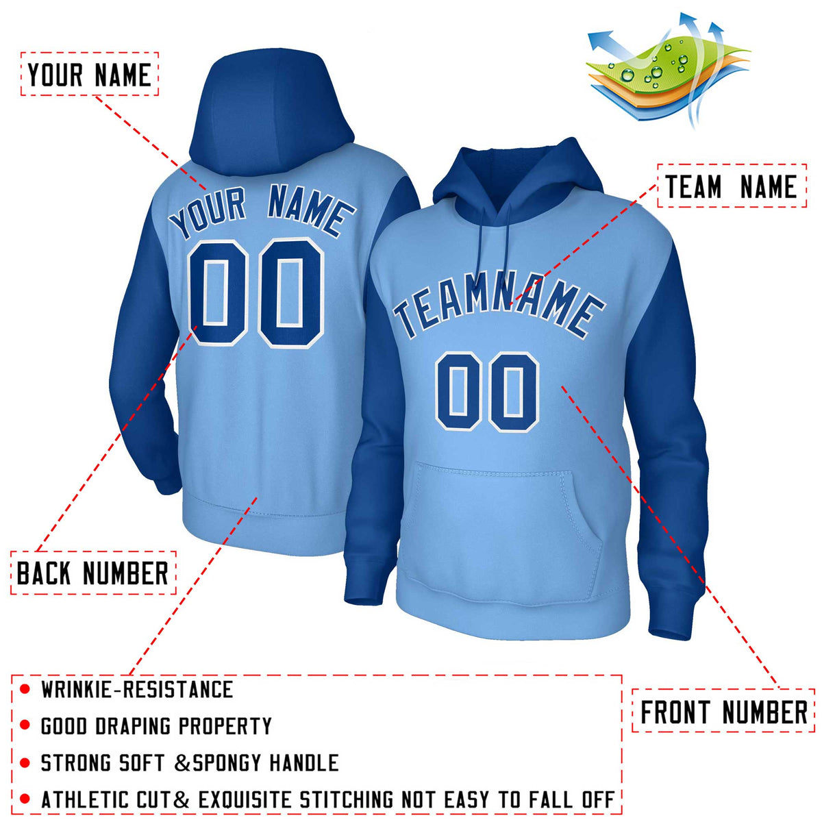 Custom Light Blue Royal-White Raglan Sleeves Stitched Sportwear Pullover Hoodie| KXKSHOP