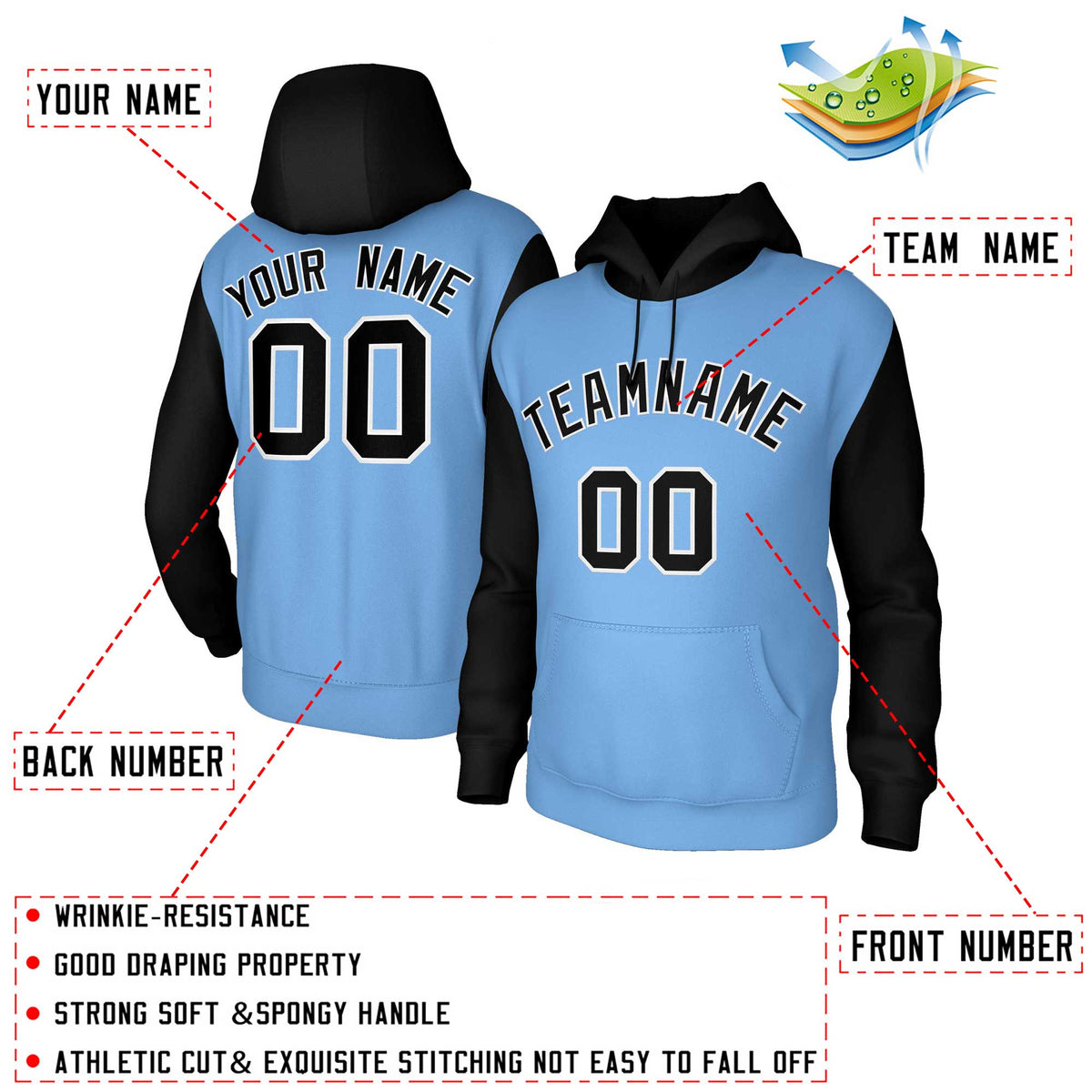 Custom Light Blue Black-White Raglan Sleeves Stitched Sportwear Pullover Hoodie| KXKSHOP