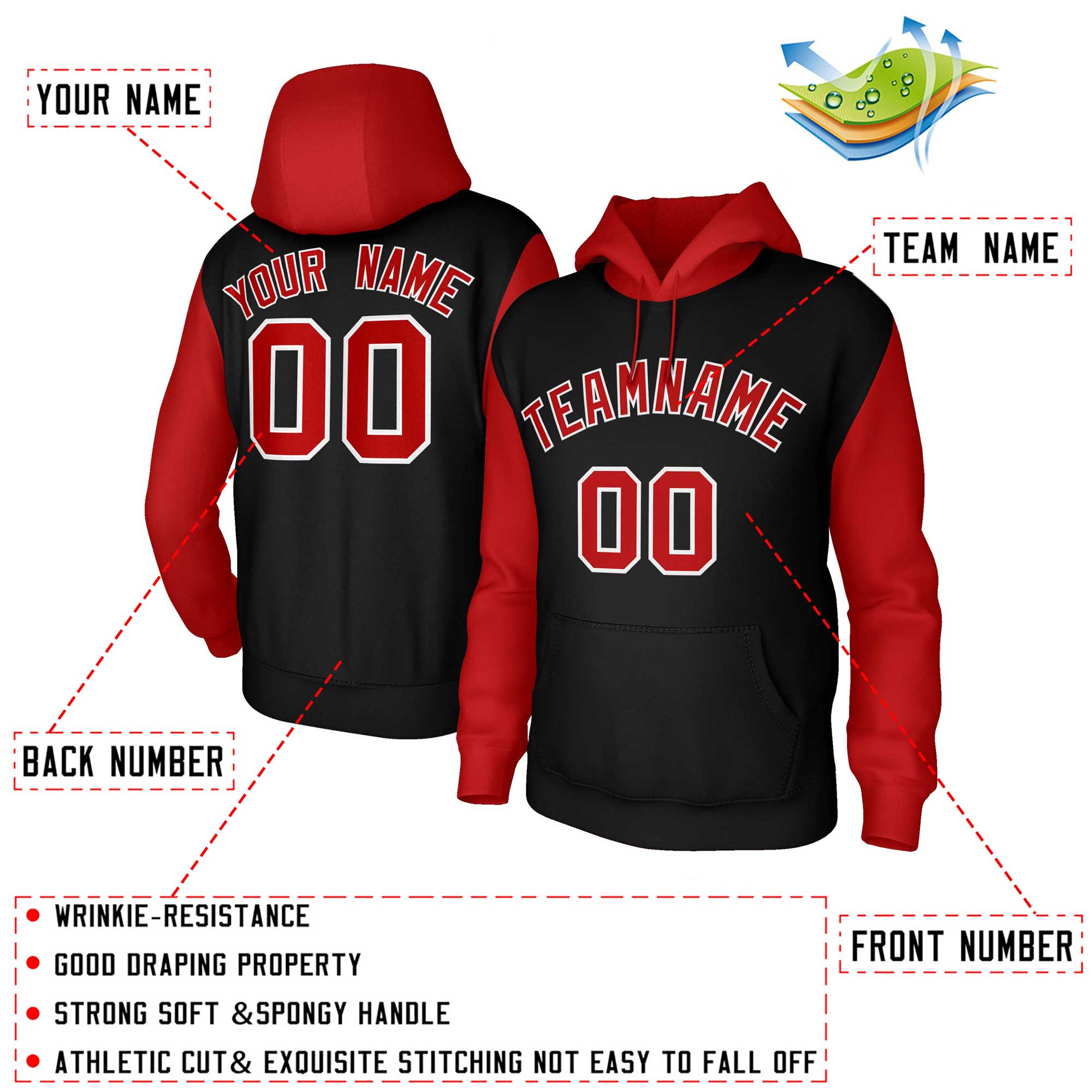 Custom Black Red-White Raglan Sleeves Stitched Sportwear Pullover Hoodie| KXKSHOP