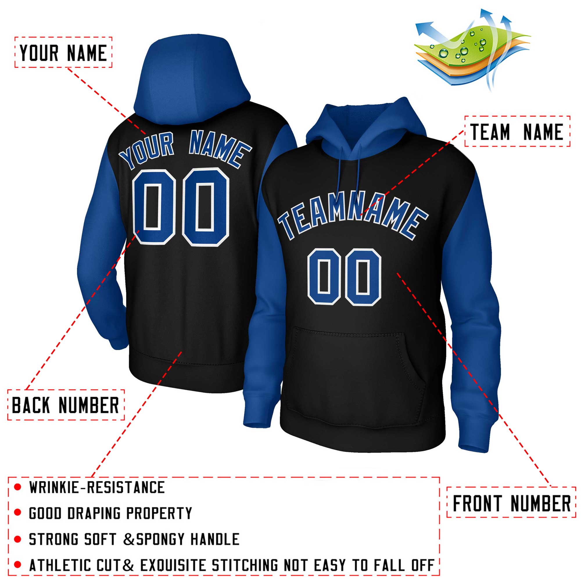 Custom Black Royal-White Raglan Sleeves Stitched Sportwear Pullover Hoodie| KXKSHOP