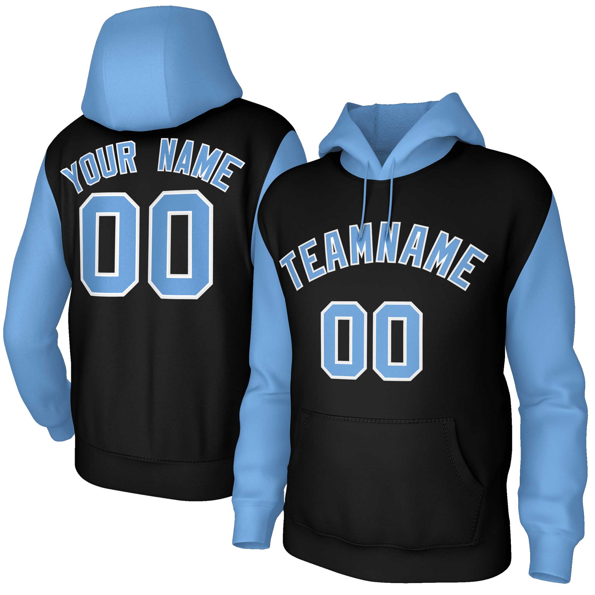Custom Black Light Blue-White Raglan Sleeves Stitched Sportwear Pullover Hoodie| KXKSHOP