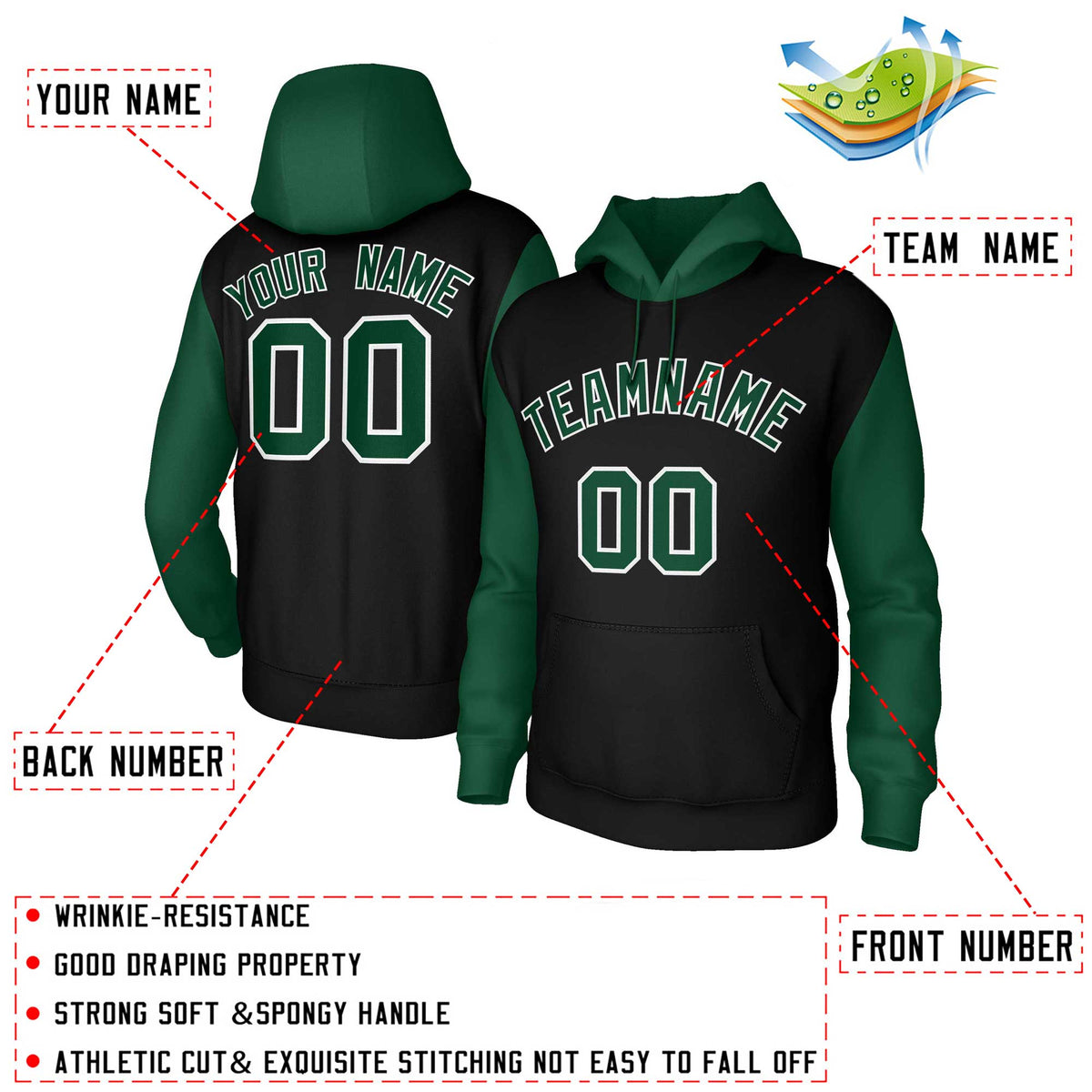 Custom Black Green-White Raglan Sleeves Stitched Sportwear Pullover Hoodie| KXKSHOP