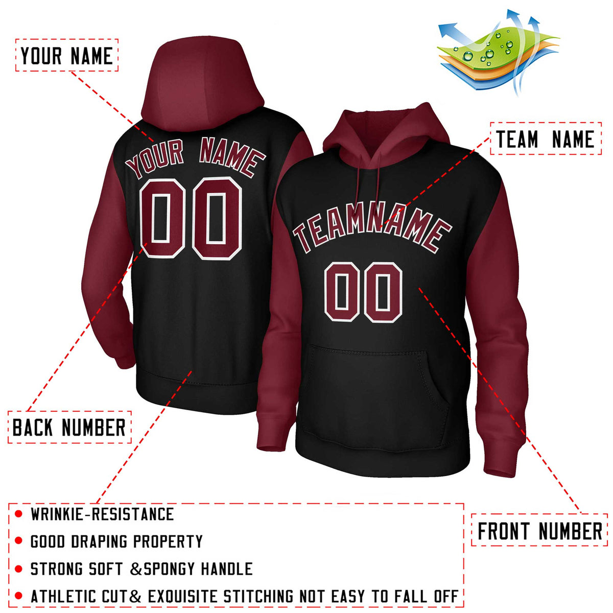 Custom Black Crimson-White Raglan Sleeves Stitched Sportwear Pullover Hoodie| KXKSHOP