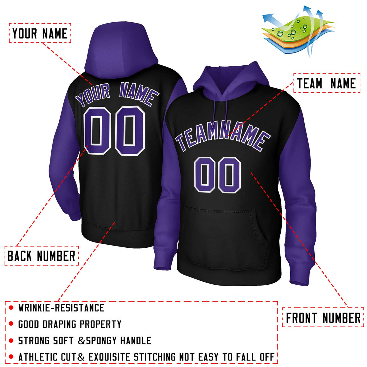 Custom Black Purple-White Raglan Sleeves Stitched Sportwear Pullover Hoodie| KXKSHOP