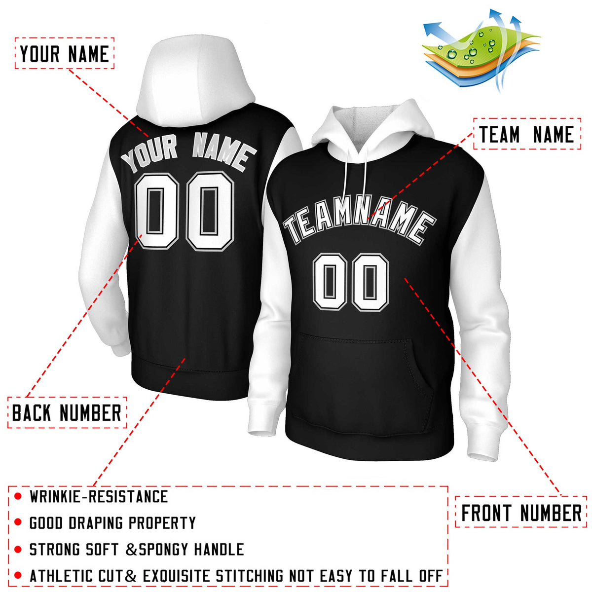 Custom Black White-Black Raglan Sleeves Stitched Sportwear Pullover Hoodie| KXKSHOP