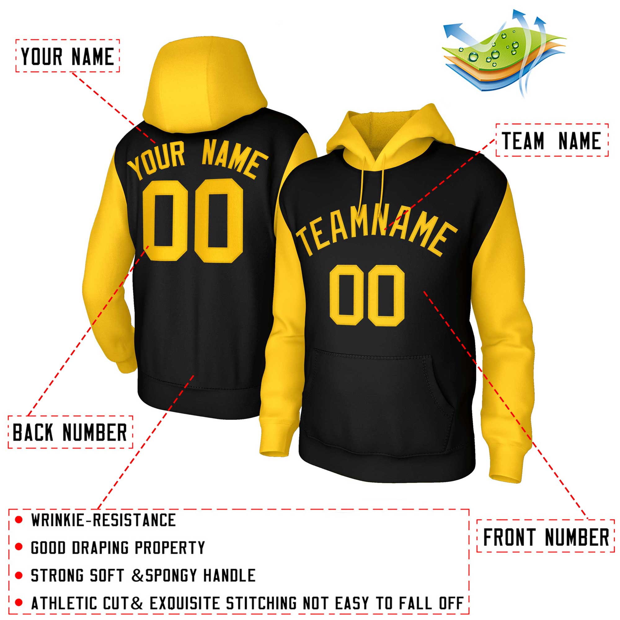 Custom Black Gold-Raglan Sleeves Stitched Sportwear Pullover Hoodie| KXKSHOP