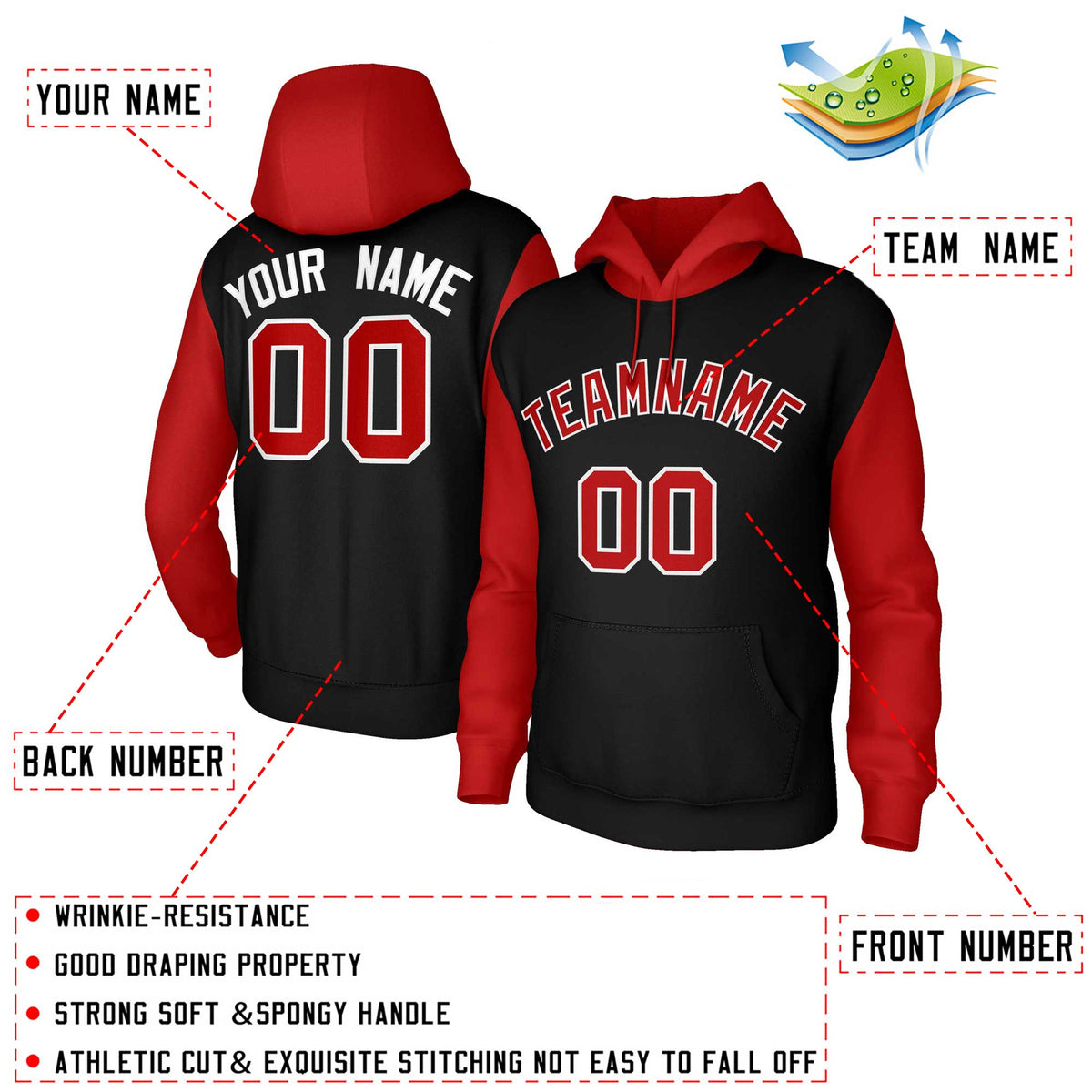 Custom Black Red-White Raglan Sleeves Stitched Sportwear Pullover Hoodie| KXKSHOP